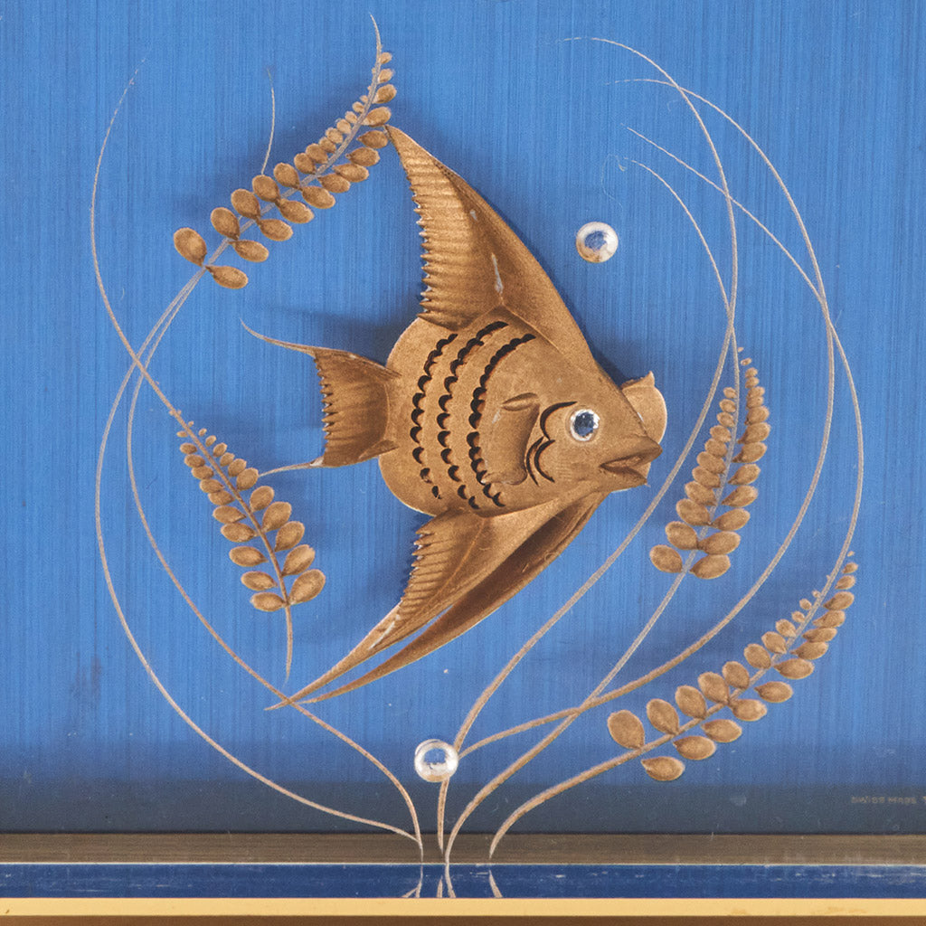 Mid-Century Jaeger Musical Alarm Clock with Gilt inset fish and wave numerals - Jeroen Markies Art Deco