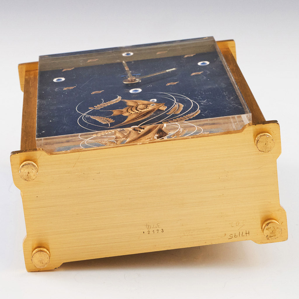 Mid-Century Jaeger Musical Alarm Clock with Gilt inset fish and wave numerals - Jeroen Markies Art Deco