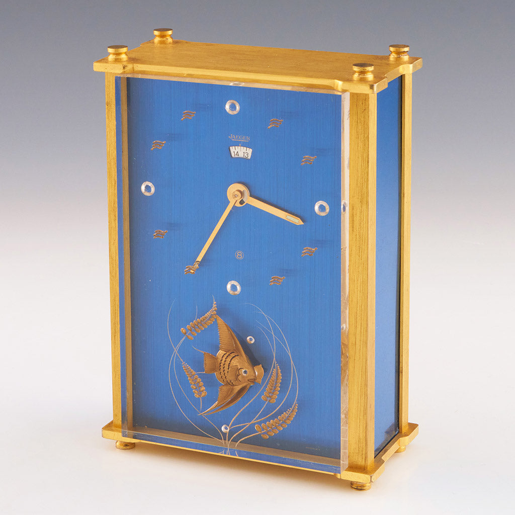 Mid-Century Jaeger Musical Alarm Clock with Gilt inset fish and wave numerals - Jeroen Markies Art Deco