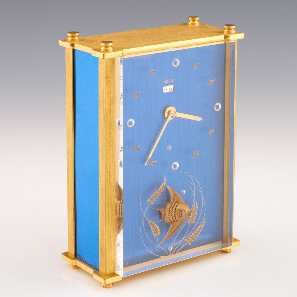 Mid-Century Jaeger Musical Alarm Clock with Gilt inset fish and wave numerals - Jeroen Markies Art Deco