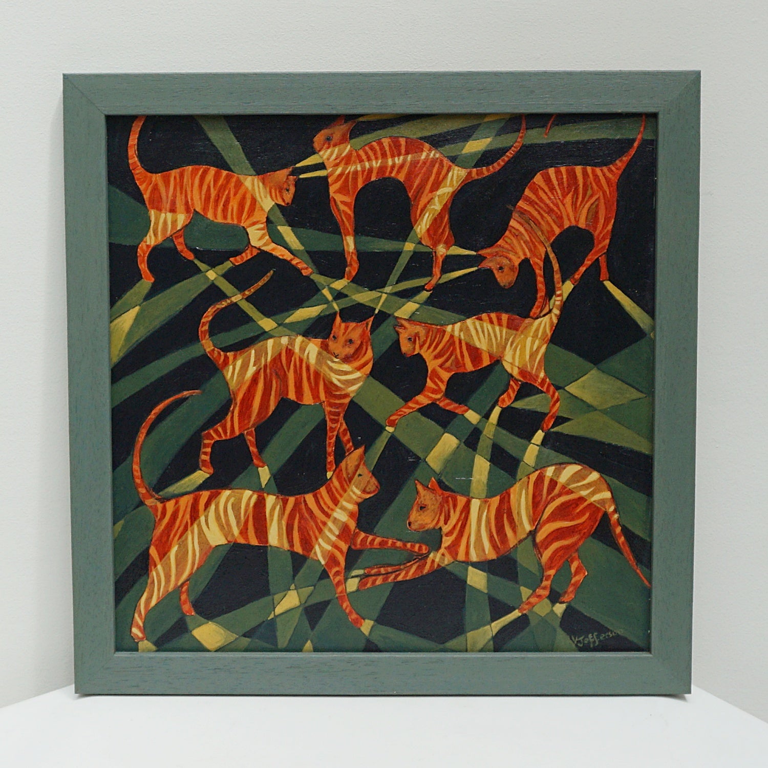 'Ginger Cats', A contemporary oil on canvas painting by Vera Jefferson depicting striped cats - Jeroen Markies Art Deco