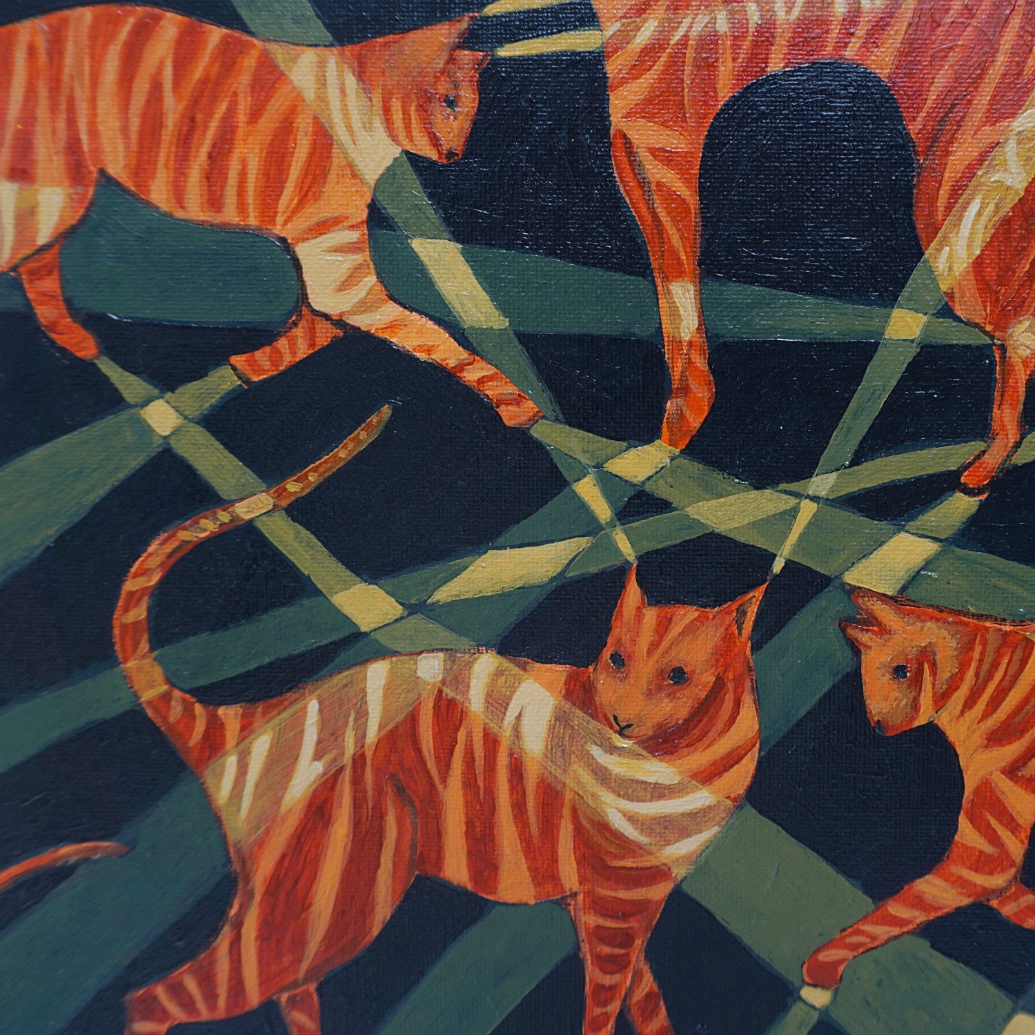 'Ginger Cats', A contemporary oil on canvas painting by Vera Jefferson depicting striped cats - Jeroen Markies Art Deco