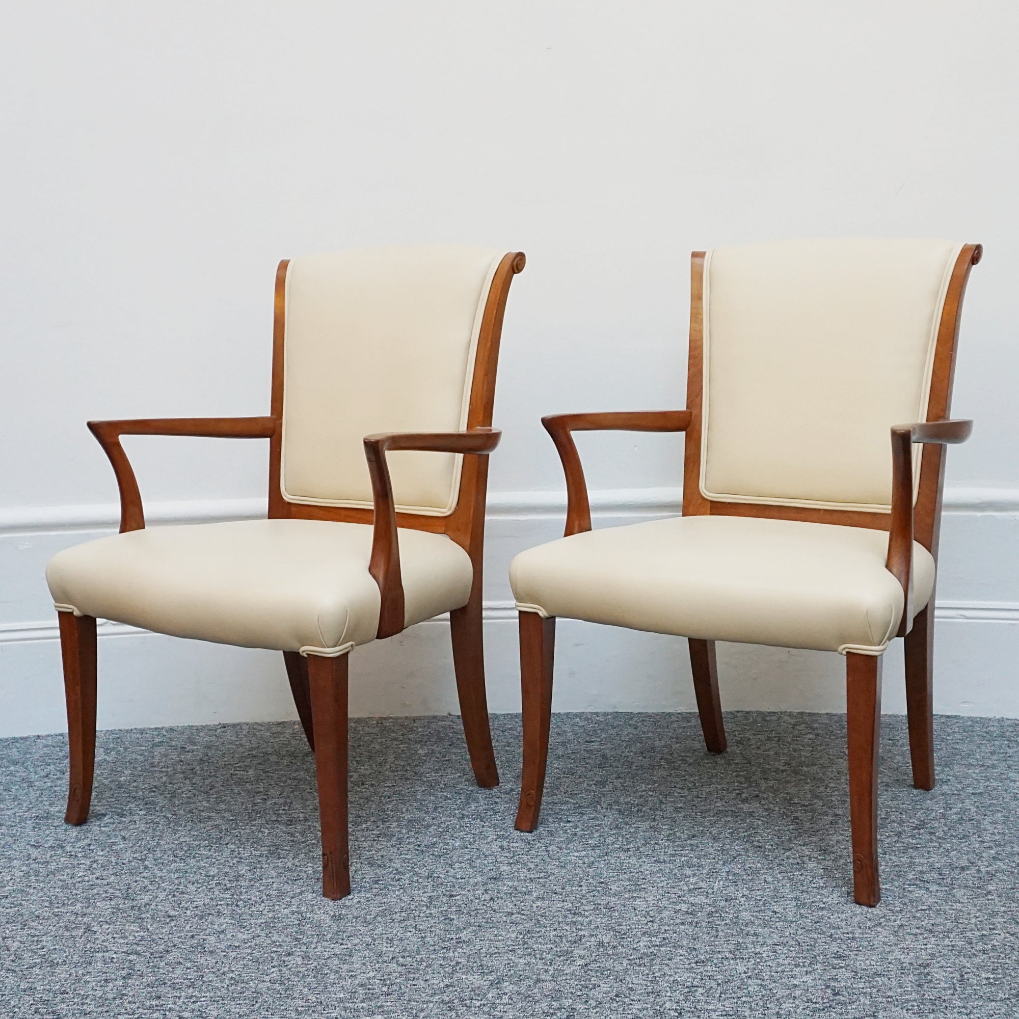 A Pair of Art Deco Side Chairs. Solid walnut, cream leather upholstery. 1930s seating. period chairs. art deco furniture - Jeroen Markies Art Deco