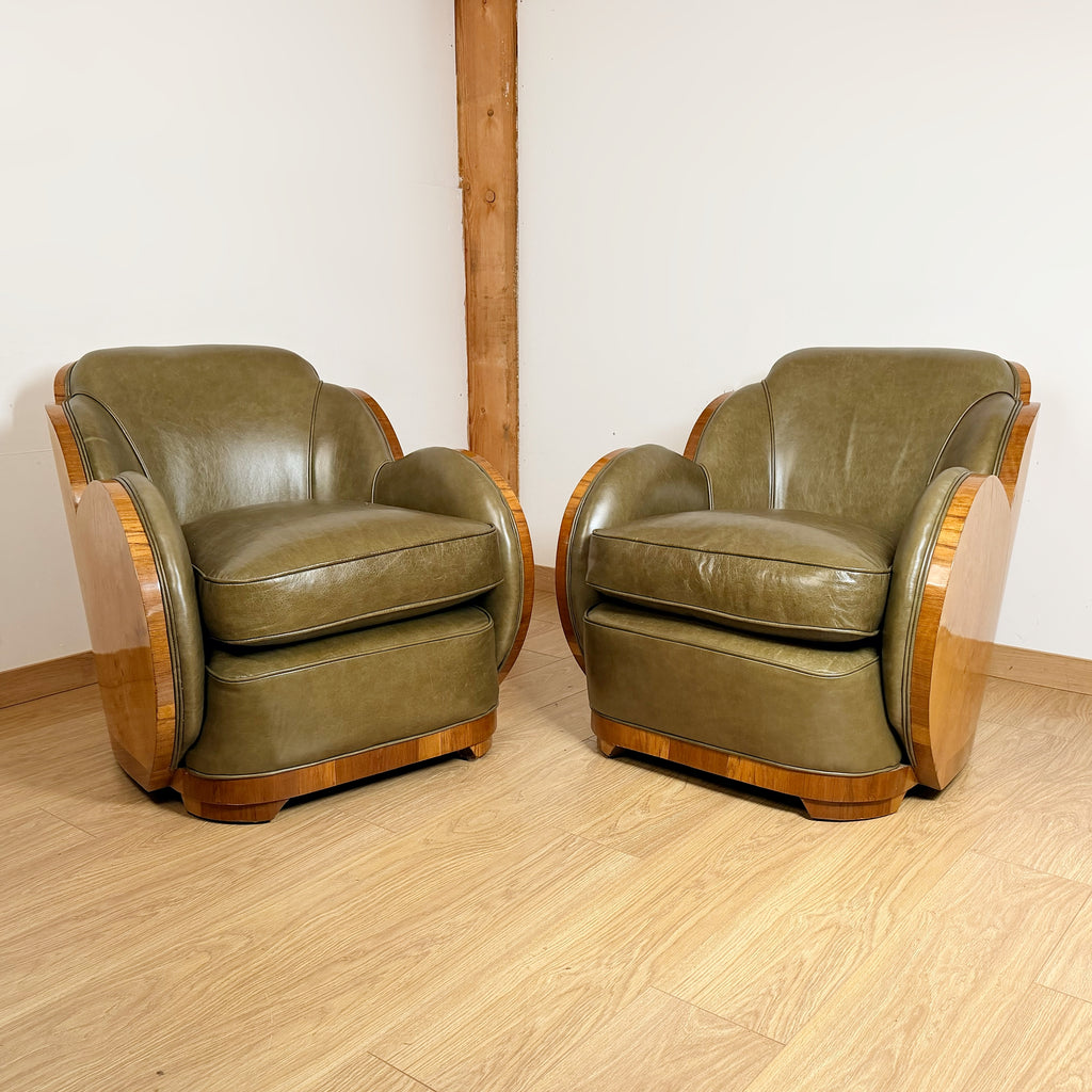 Pair of Art Deco Cloud Lounge Chairs - Burr Wash and Walnut with Green Lather - Markies Antiques Ltd