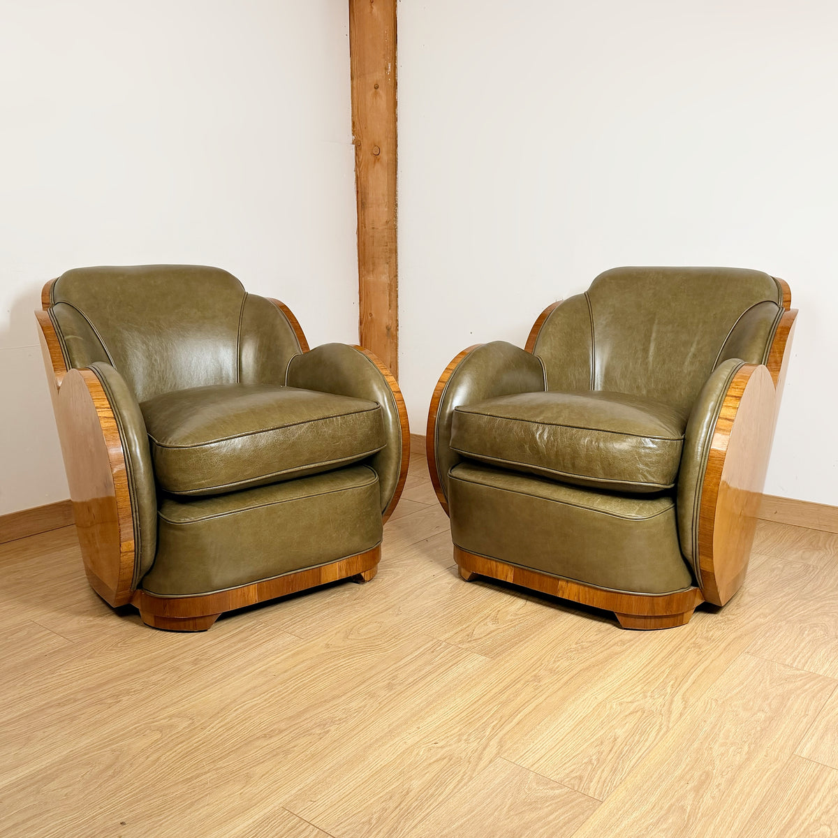 Pair of Art Deco Cloud Lounge Chairs - Burr Wash and Walnut with Green Lather - Markies Antiques Ltd