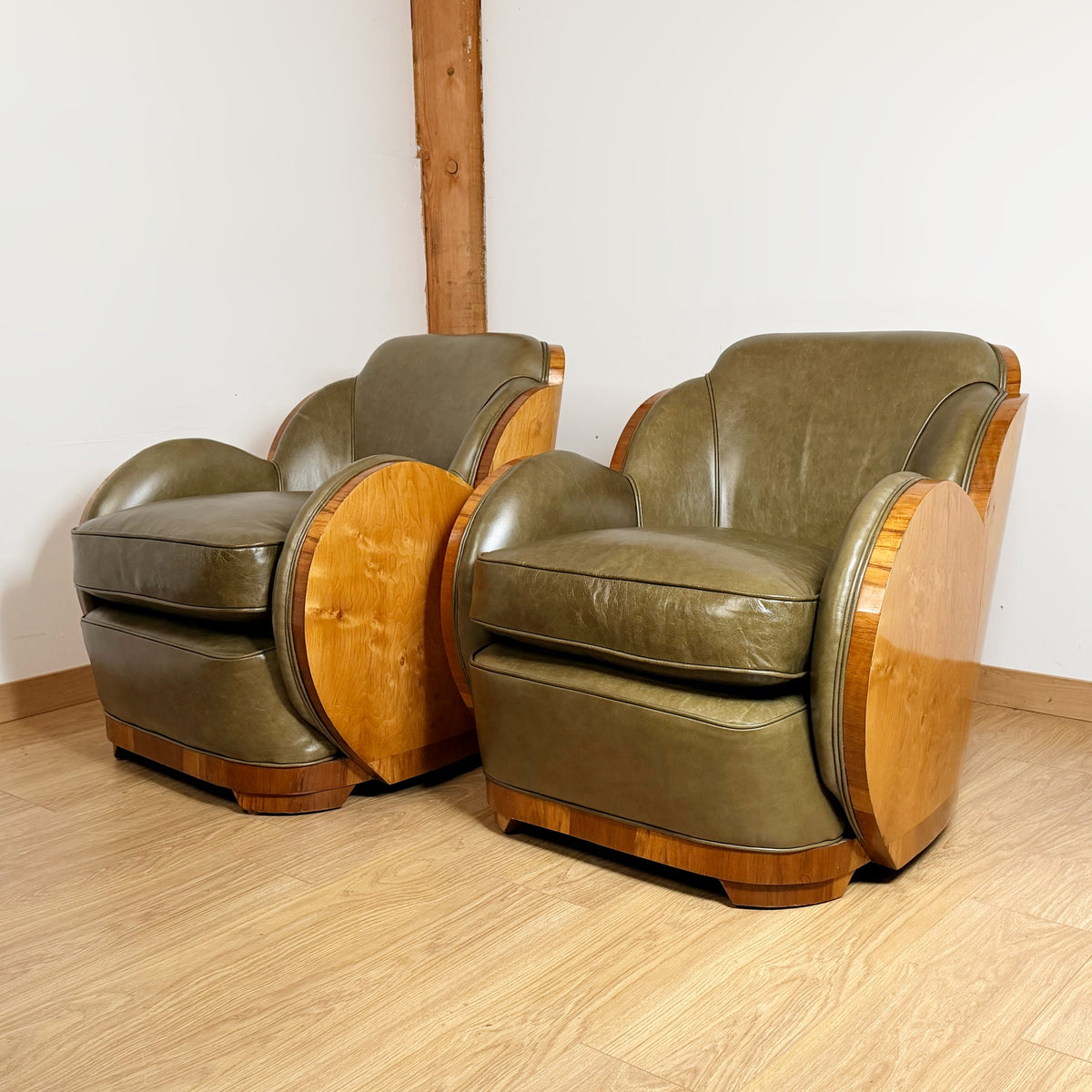 Pair of Art Deco Cloud Lounge Chairs - Burr Wash and Walnut with Green Lather - Markies Antiques Ltd