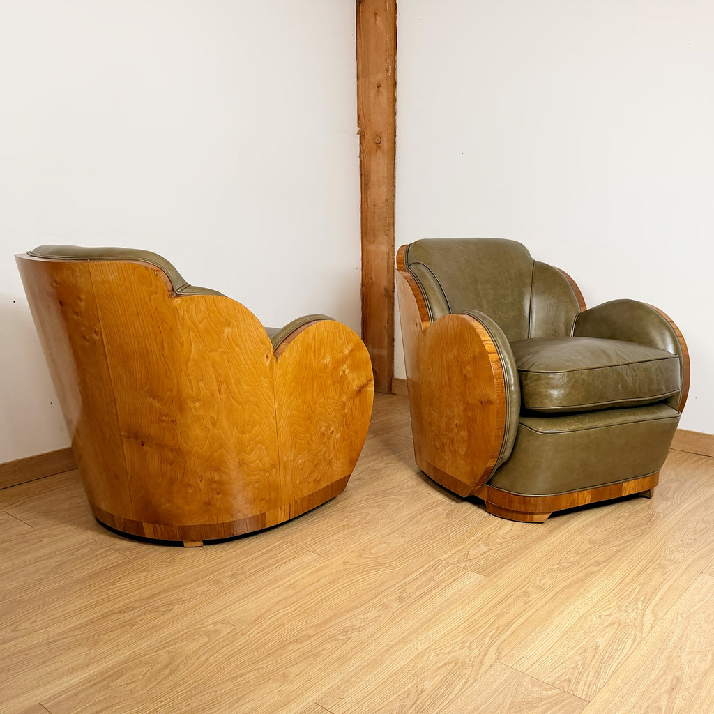 Pair of Art Deco Cloud Lounge Chairs - Burr Wash and Walnut with Green Lather - Markies Antiques Ltd