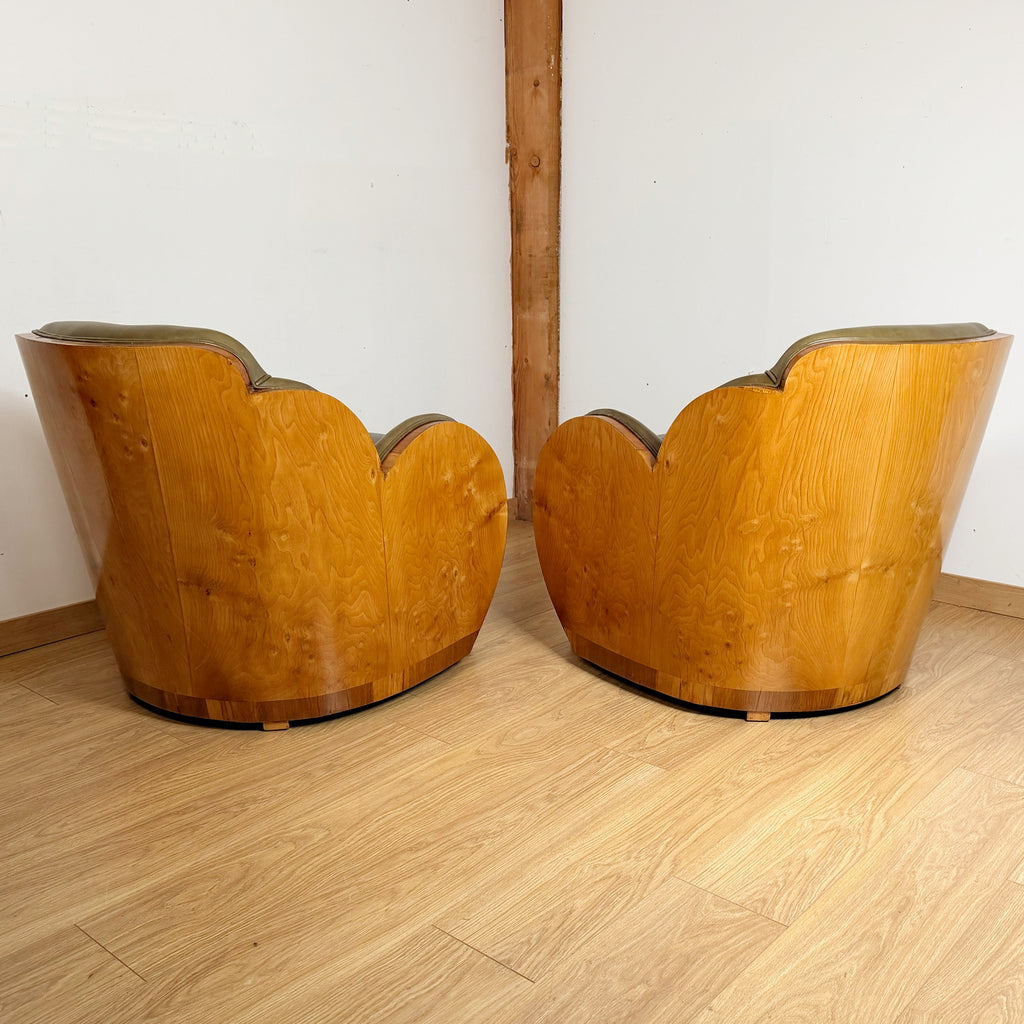 Pair of Art Deco Cloud Lounge Chairs - Burr Wash and Walnut with Green Lather - Markies Antiques Ltd