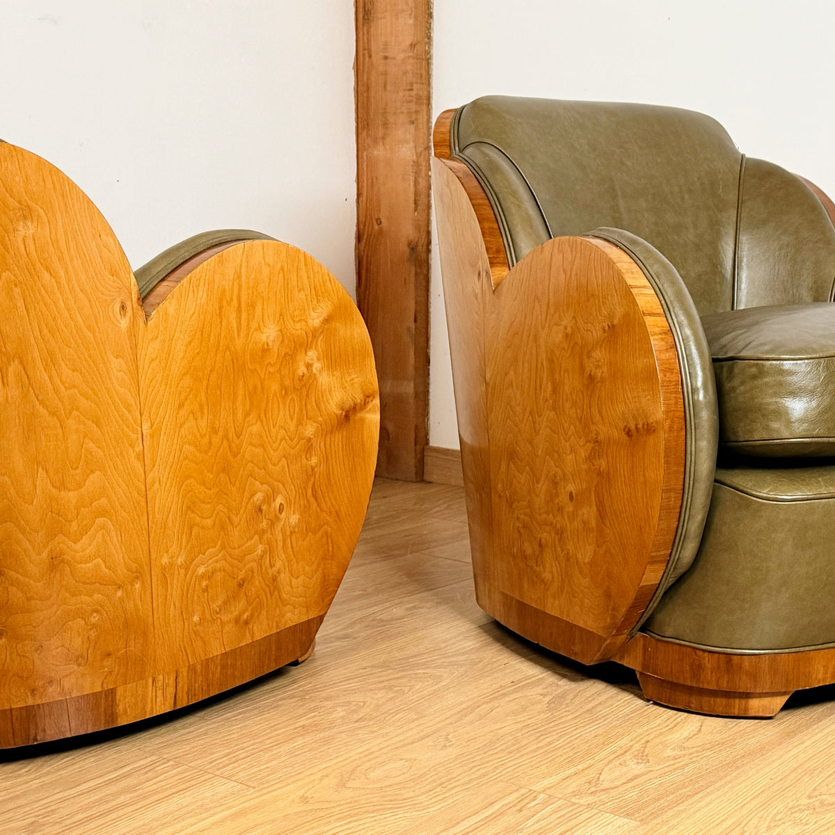 Pair of Art Deco Cloud Lounge Chairs - Burr Wash and Walnut with Green Lather - Markies Antiques Ltd
