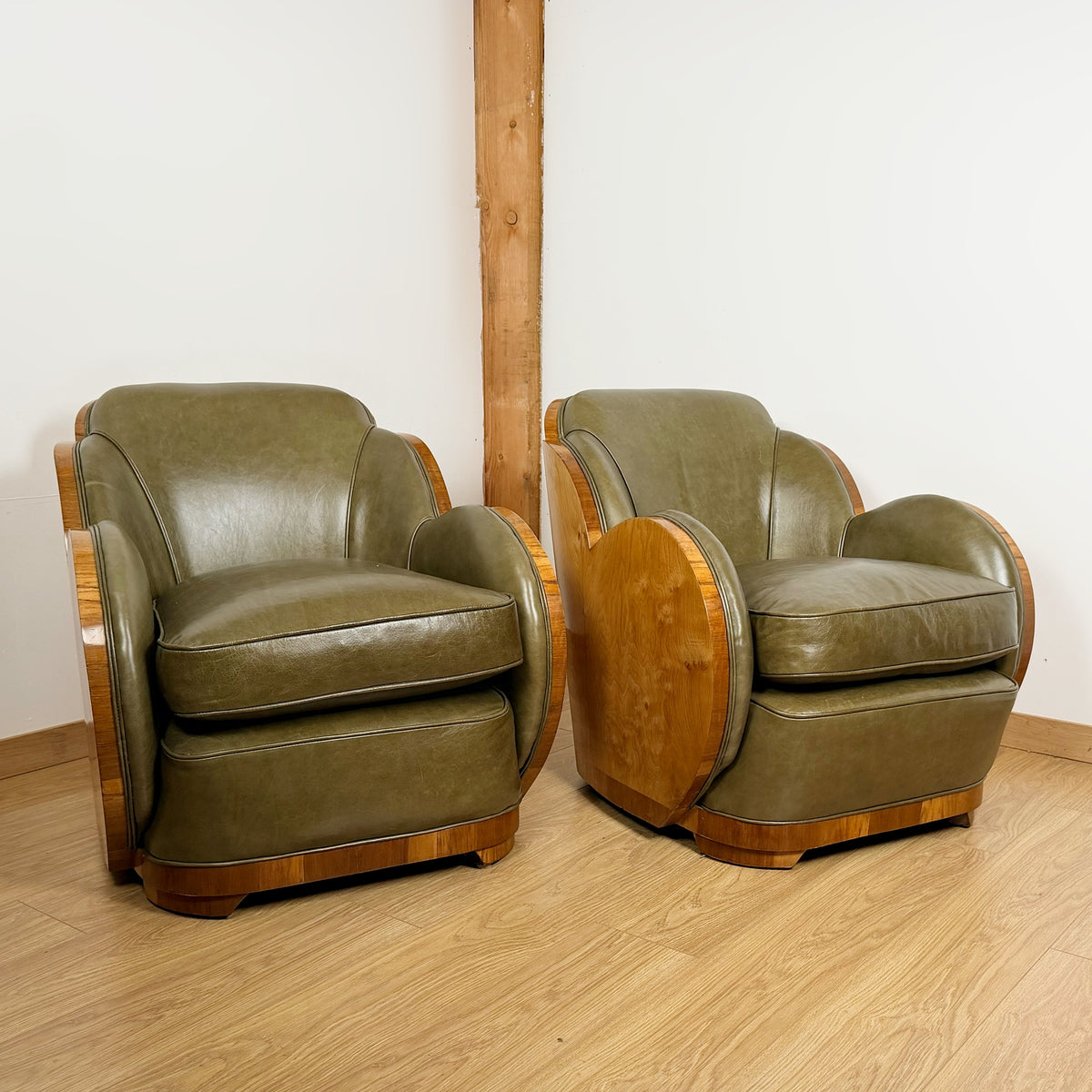 Pair of Art Deco Cloud Lounge Chairs - Burr Wash and Walnut with Green Lather - Markies Antiques Ltd