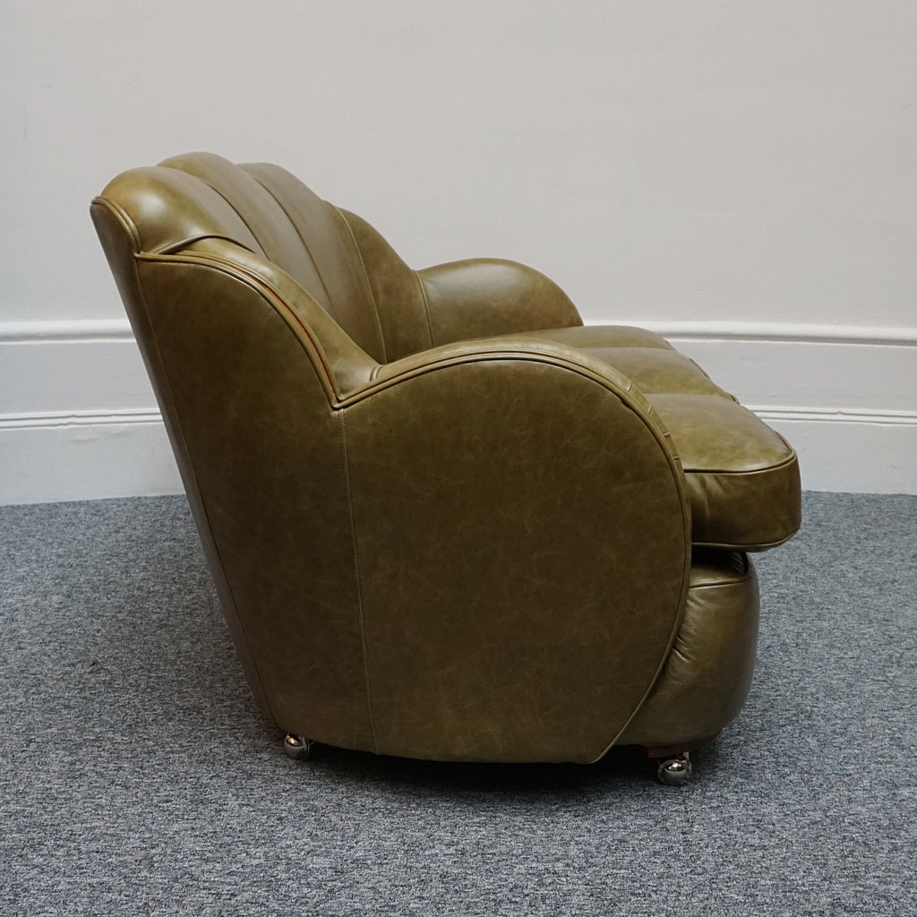 Original Art Deco Sofa with Olive Green Leather and Walnut Banding - Jeroen Markies Art Deco 