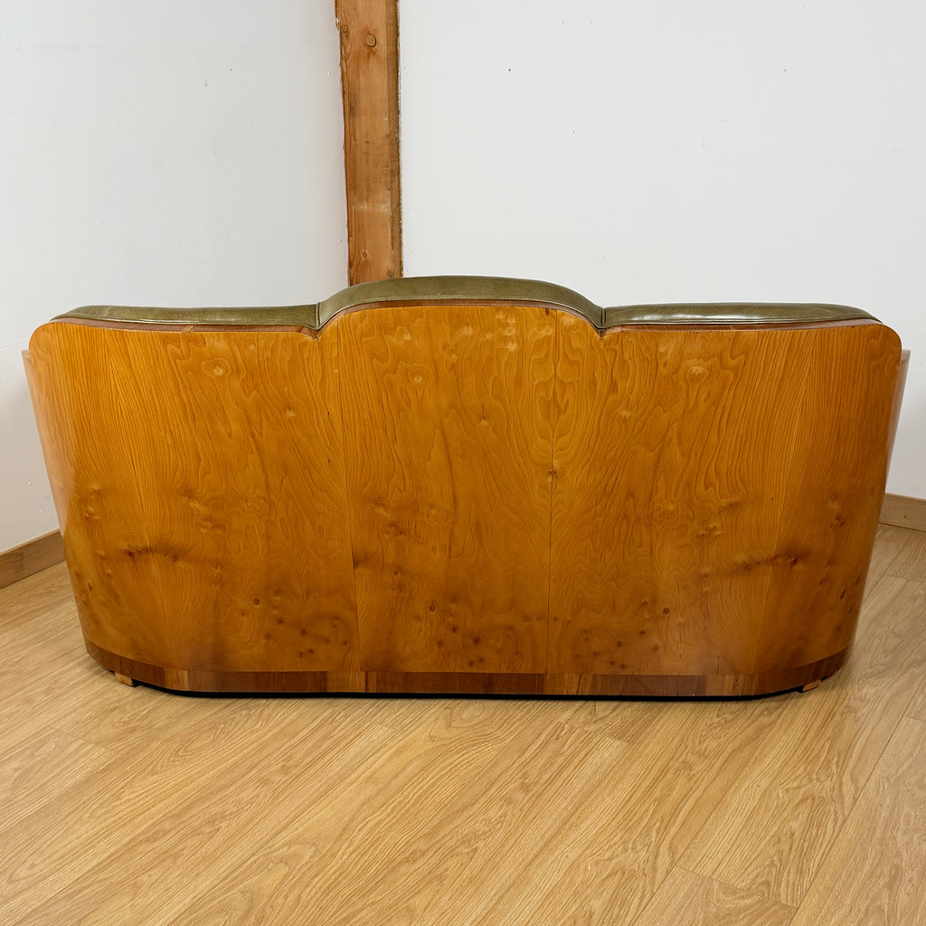 Stunning Art Deco Cloud Sofa with Burr Ash Wraparound Veneers and Green Leather Re-upholstery | Markies Antiques Ltd 