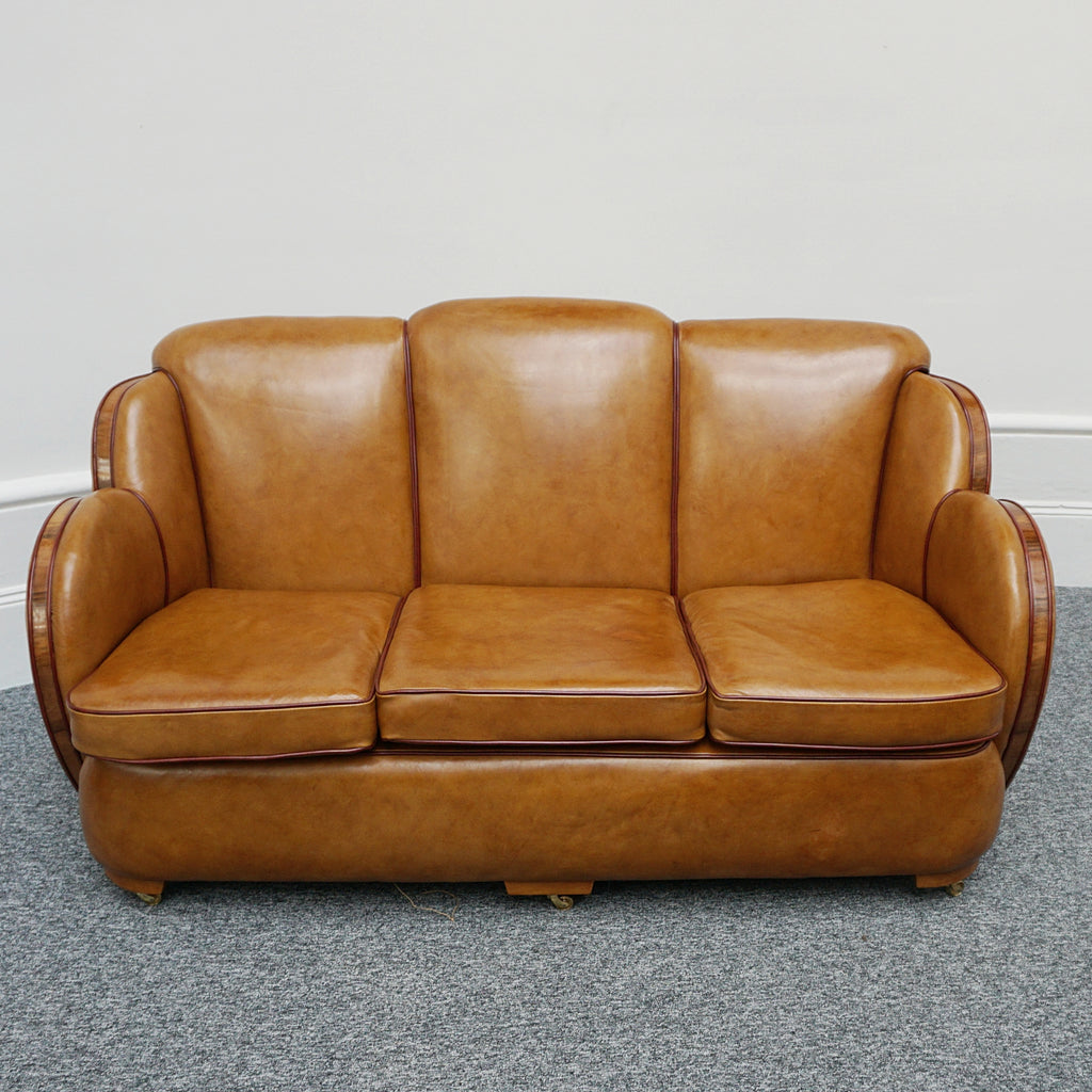 Vintage Art Deco Brown Leather and Walnut Trim Sofa - Jeroen Markies Art Deco
