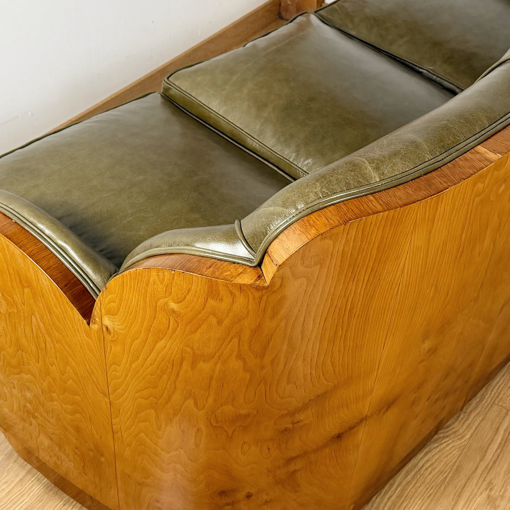 Stunning Art Deco Cloud Sofa with Burr Ash Wraparound Veneers and Green Leather Re-upholstery | Markies Antiques Ltd 