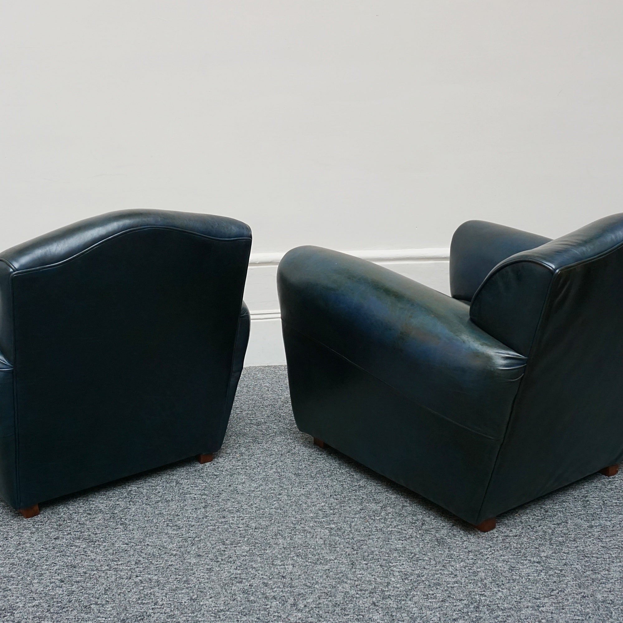 Vintage pair of French Art Deco Club Chairs with Aged Blue Leather Upholstery - Jeroen Markies Art Deco