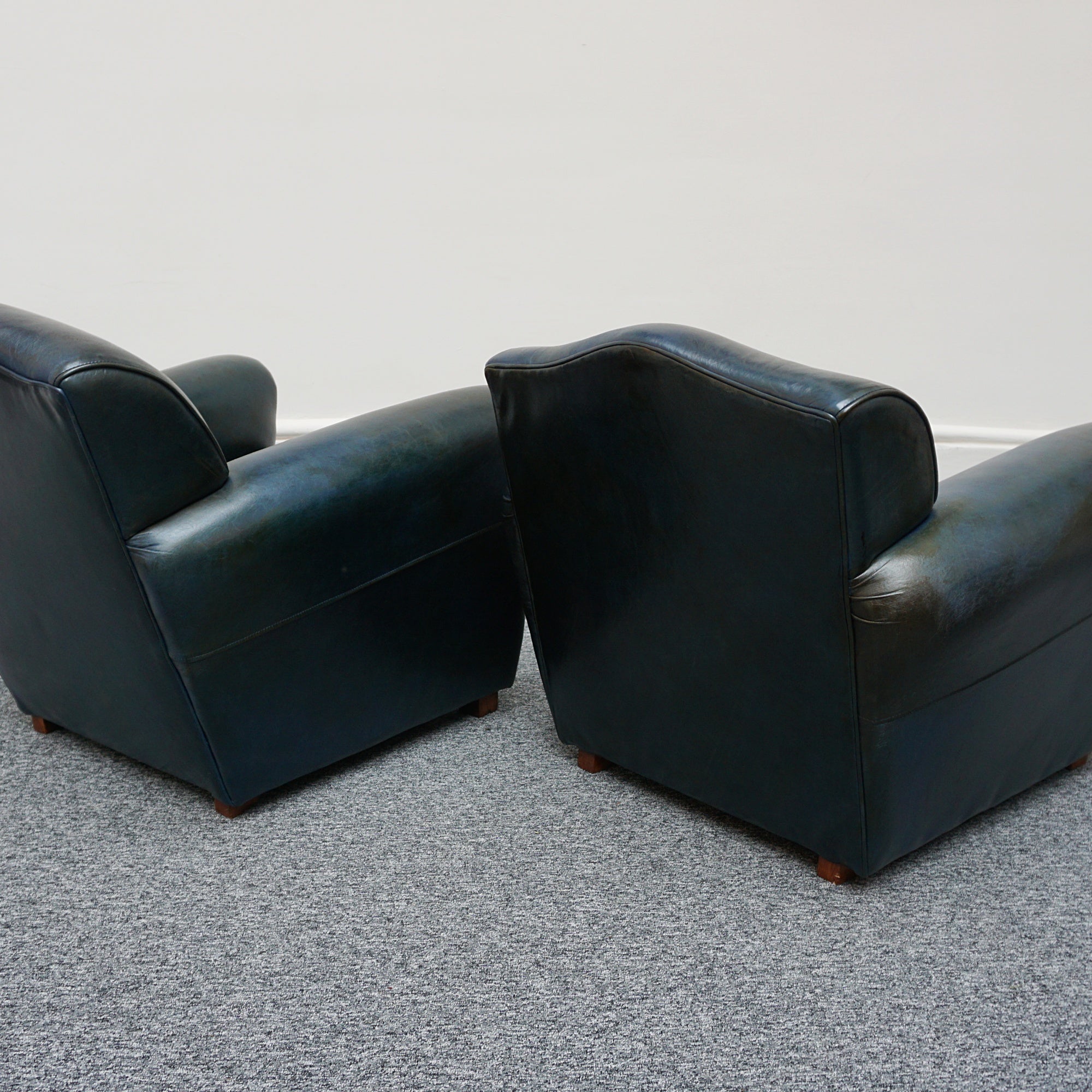 Vintage pair of French Art Deco Club Chairs with Aged Blue Leather Upholstery - Jeroen Markies Art Deco