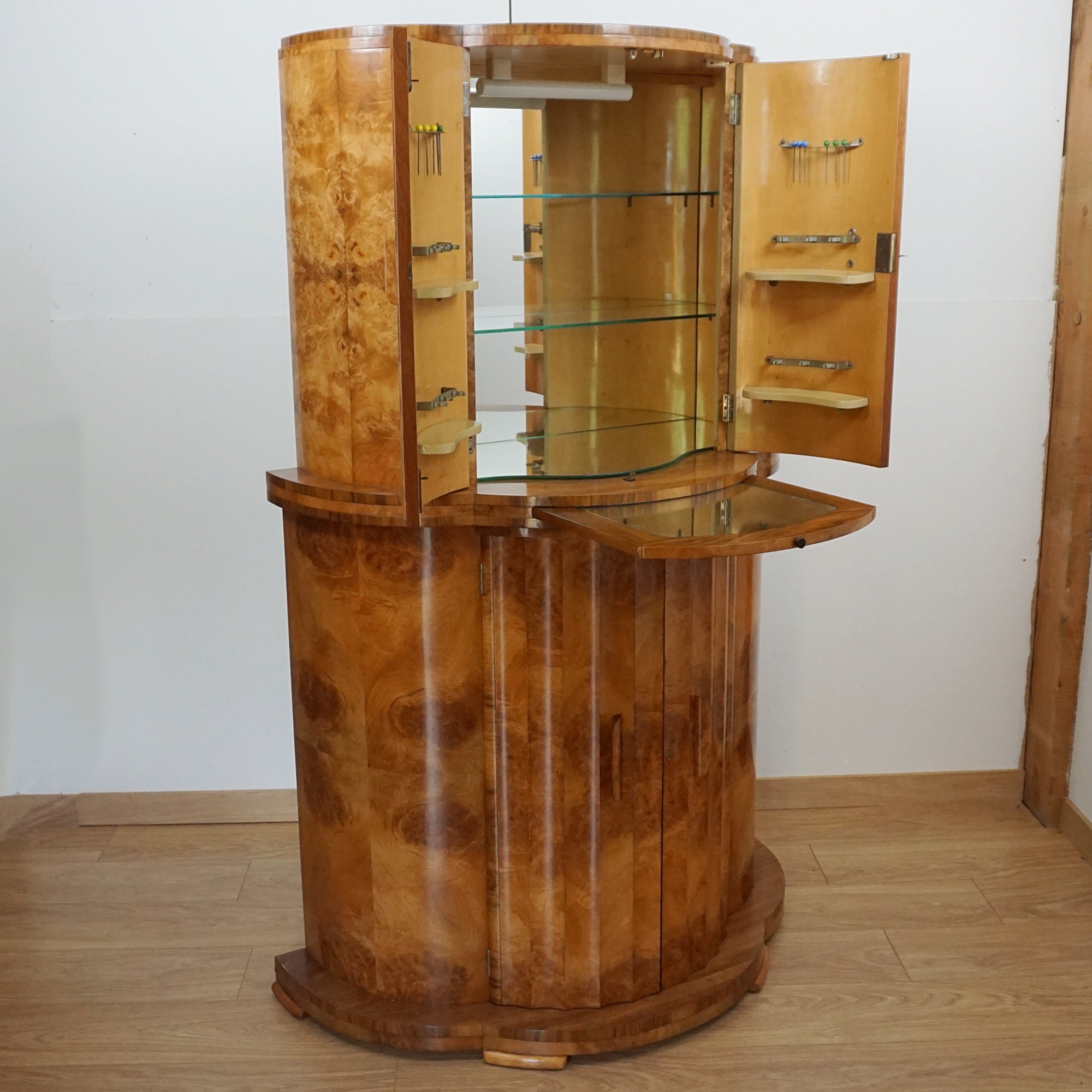Burr Walnut Cocktail Cabinet - Original Art Deco Cocktail Bar - Markies Antiques 