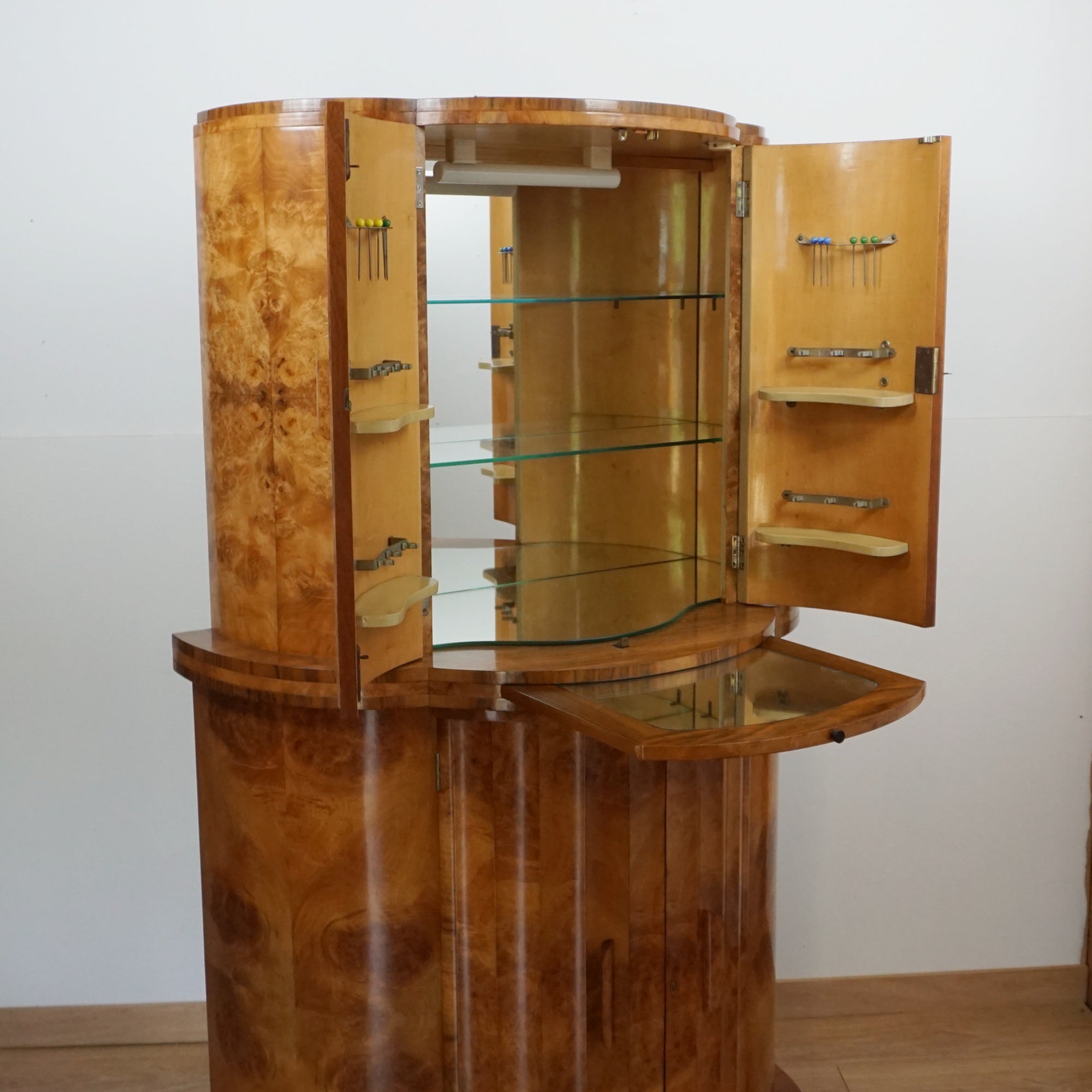 Burr Walnut Cocktail Cabinet - Original Art Deco Cocktail Bar - Markies Antiques 