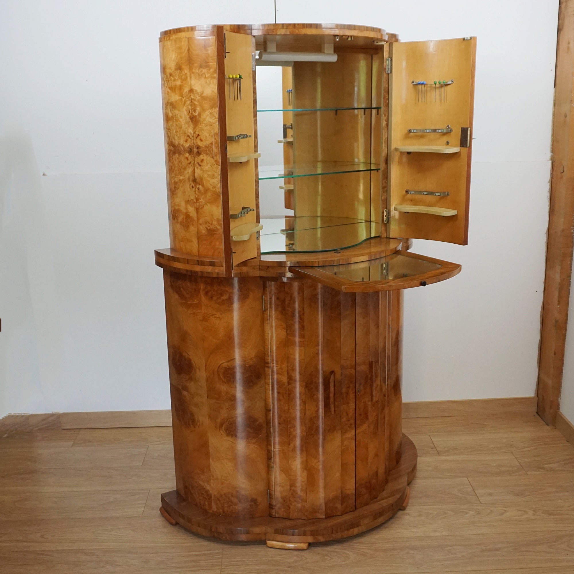 Burr Walnut Cocktail Cabinet - Original Art Deco Cocktail Bar - Markies Antiques 