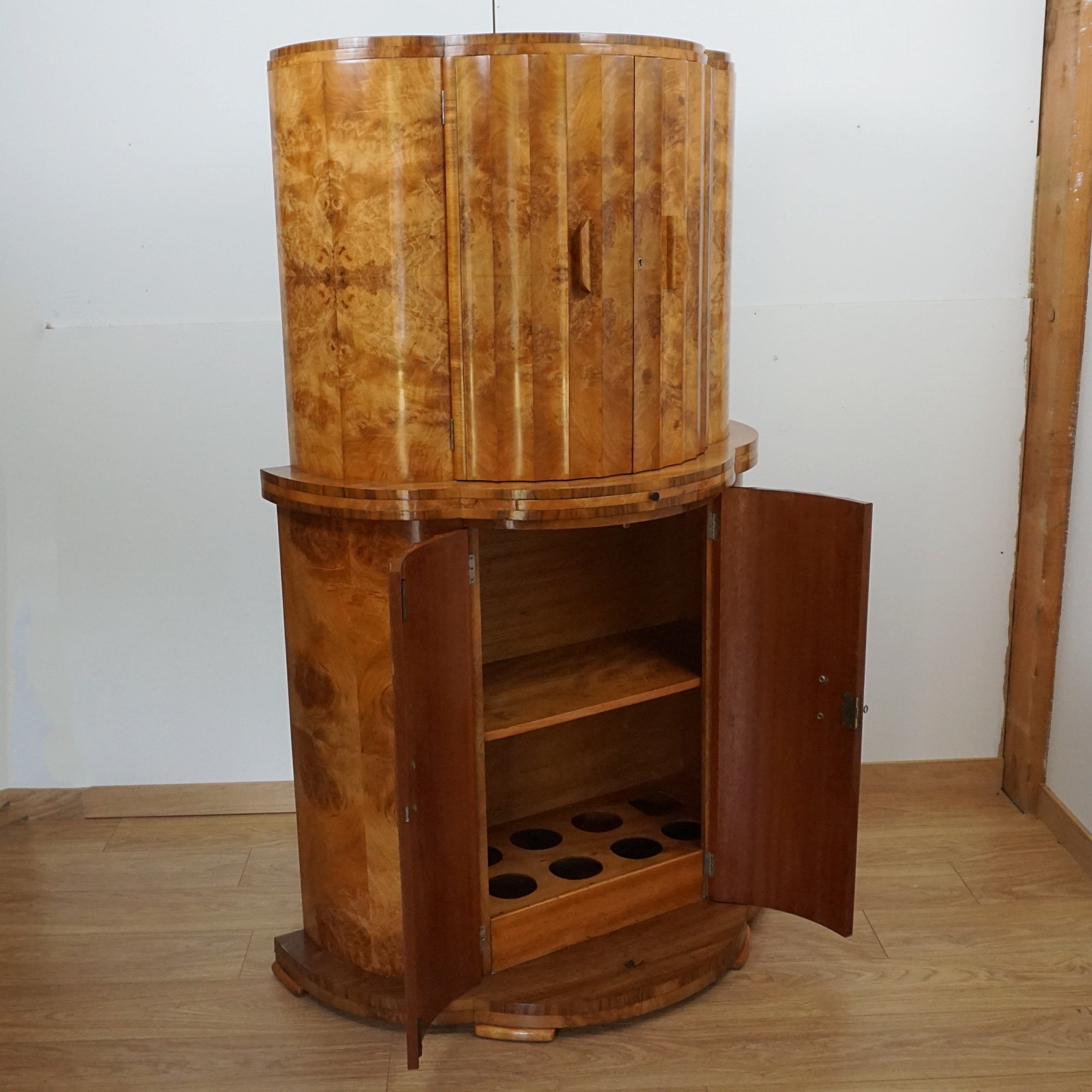 Burr Walnut Cocktail Cabinet - Original Art Deco Cocktail Bar - Markies Antiques 