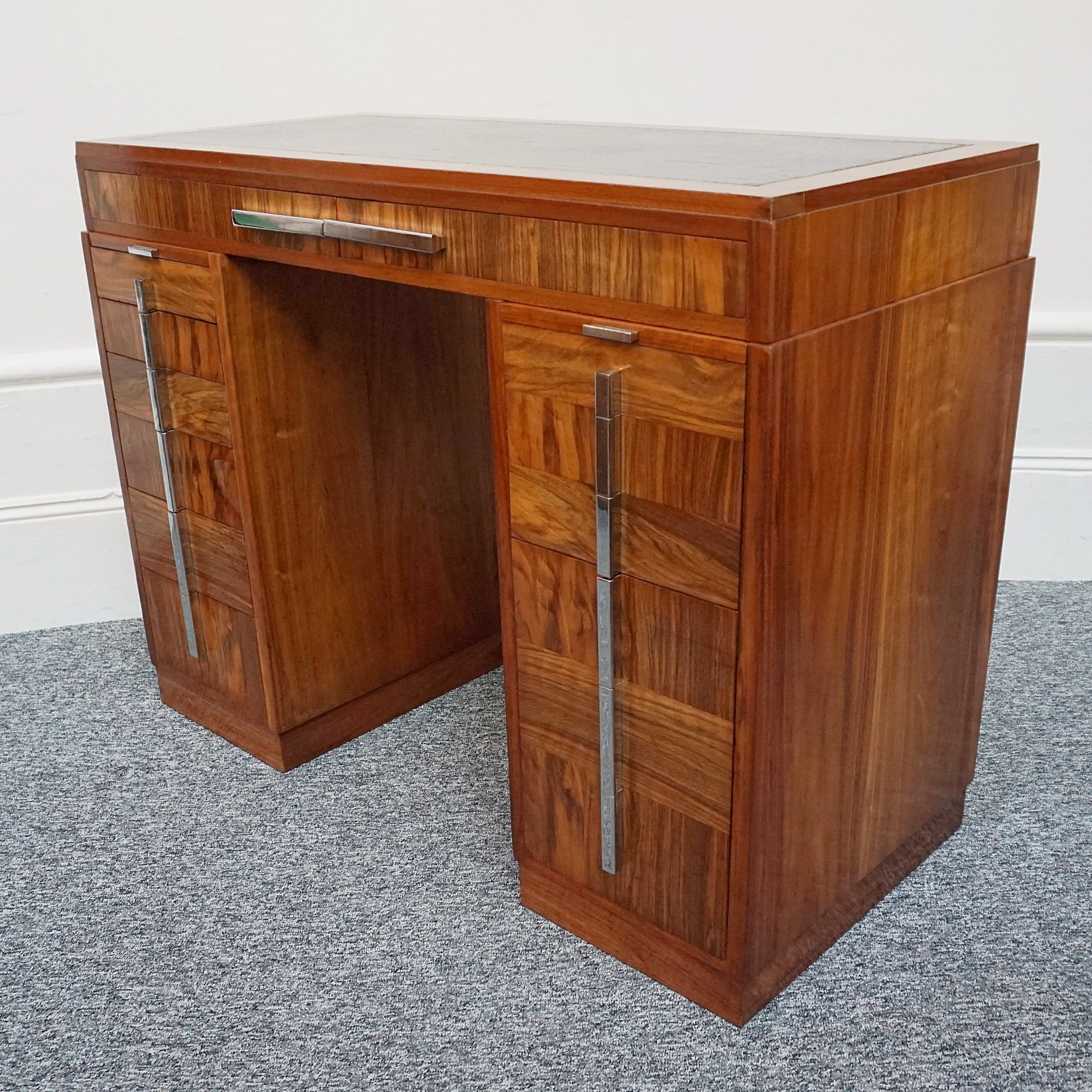 An Art Deco writing desk. Burr walnut with figured walnut banding and original chromed vertical handles. Art Deco Writing Desk. Ladies Desk. Classic, vintage desk- Jeroen Markies Art Deco 