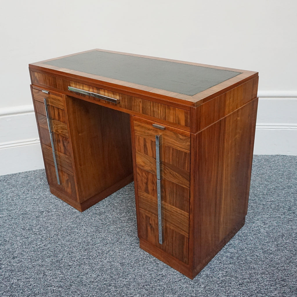 An Art Deco writing desk. Burr walnut with figured walnut banding and original chromed vertical handles. Art Deco Writing Desk. Ladies Desk. Classic, vintage desk- Jeroen Markies Art Deco 