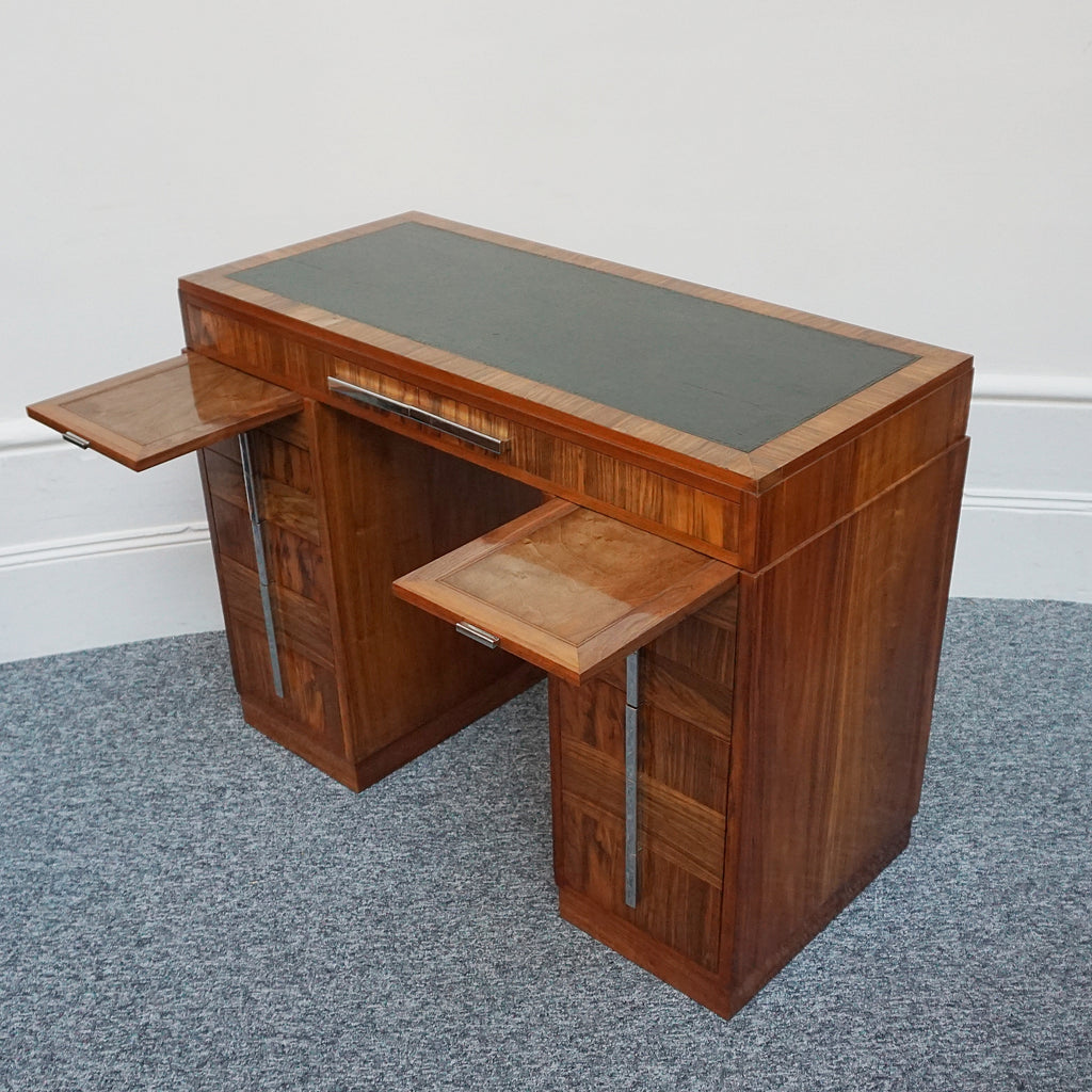 An Art Deco writing desk. Burr walnut with figured walnut banding and original chromed vertical handles. Art Deco Writing Desk. Ladies Desk. Classic, vintage desk- Jeroen Markies Art Deco 