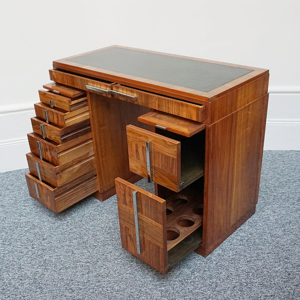 An Art Deco writing desk. Burr walnut with figured walnut banding and original chromed vertical handles. Art Deco Writing Desk. Ladies Desk. Classic, vintage desk- Jeroen Markies Art Deco 