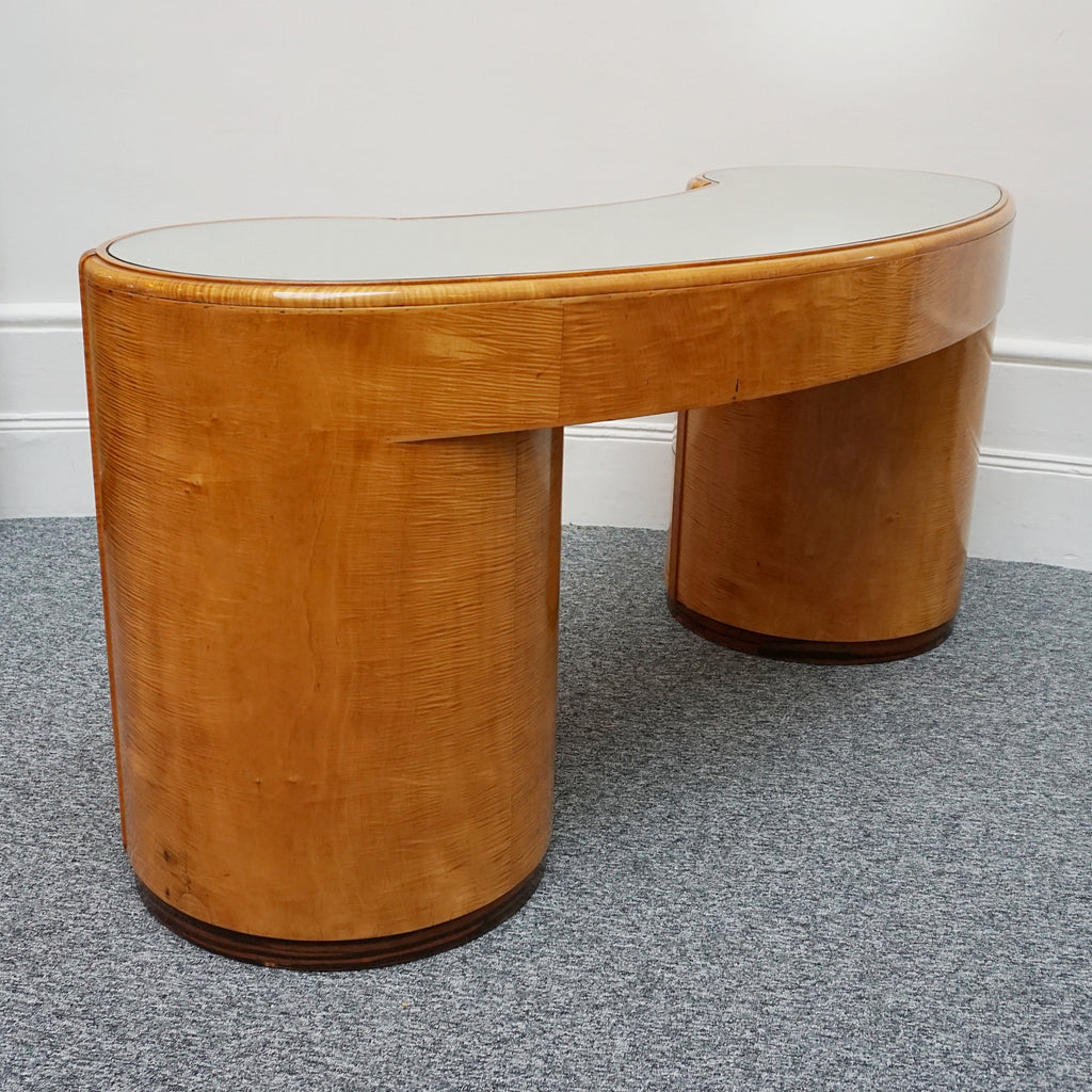An Art Deco Desk by Betty Joel. Satin birch veneered with macassar ebony banding to base. Glass mirrored top with original ivory hand carved shell handles. 1930 dressing table, art deco desk - Jeroen Markies Art Deco