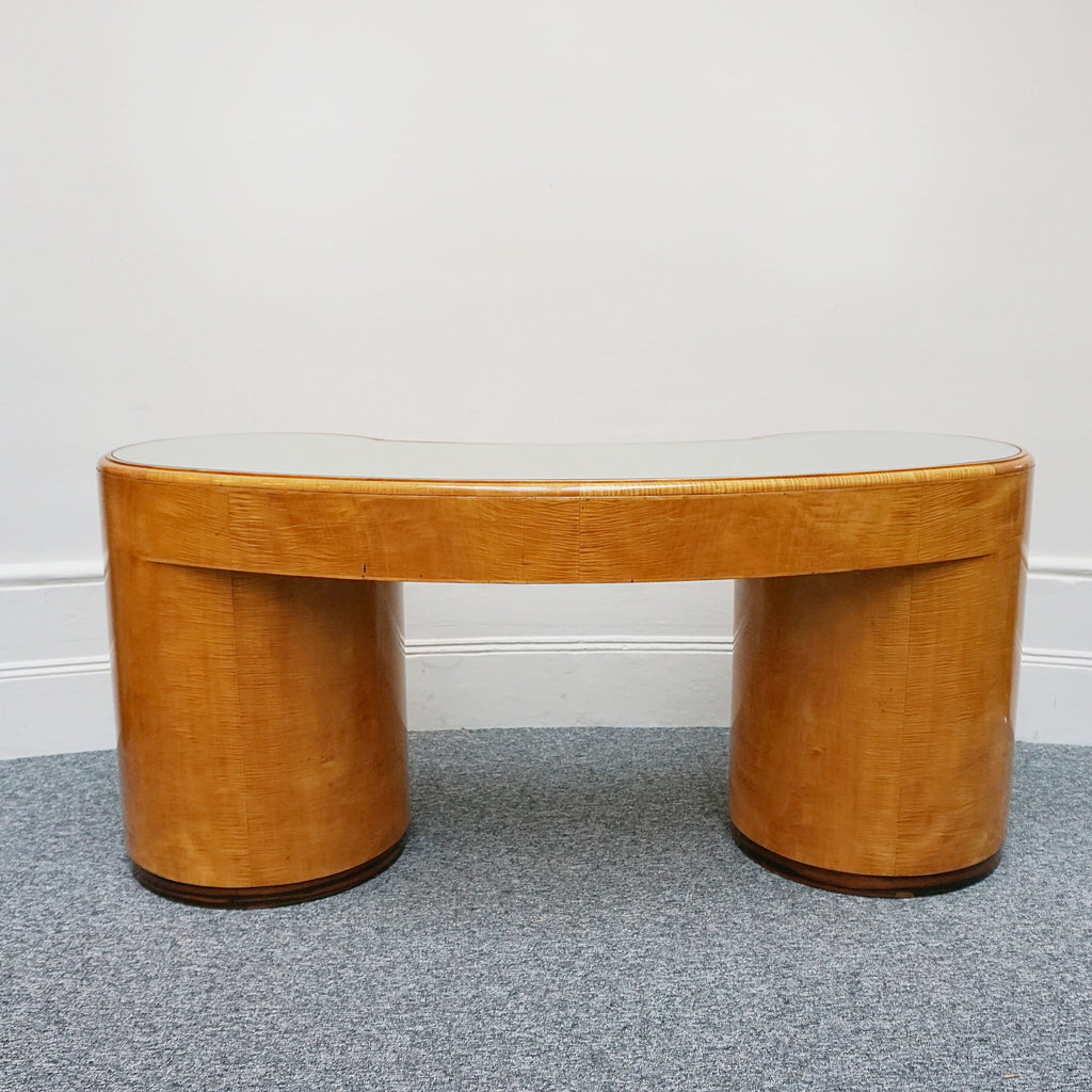 An Art Deco Desk by Betty Joel. Satin birch veneered with macassar ebony banding to base. Glass mirrored top with original ivory hand carved shell handles. 1930 dressing table, art deco desk - Jeroen Markies Art Deco