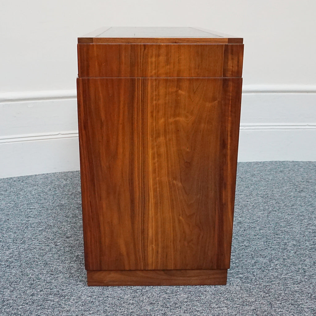 An Art Deco writing desk. Burr walnut with figured walnut banding and original chromed vertical handles. Art Deco Writing Desk. Ladies Desk. Classic, vintage desk- Jeroen Markies Art Deco 