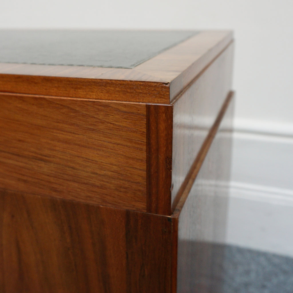 An Art Deco writing desk. Burr walnut with figured walnut banding and original chromed vertical handles. Art Deco Writing Desk. Ladies Desk. Classic, vintage desk- Jeroen Markies Art Deco 