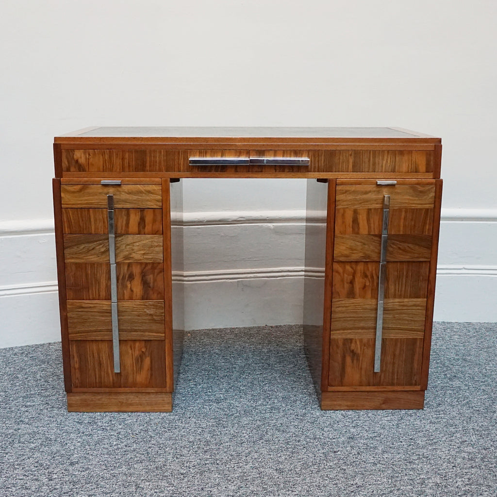 An Art Deco writing desk. Burr walnut with figured walnut banding and original chromed vertical handles. Art Deco Writing Desk. Ladies Desk. Classic, vintage desk- Jeroen Markies Art Deco 