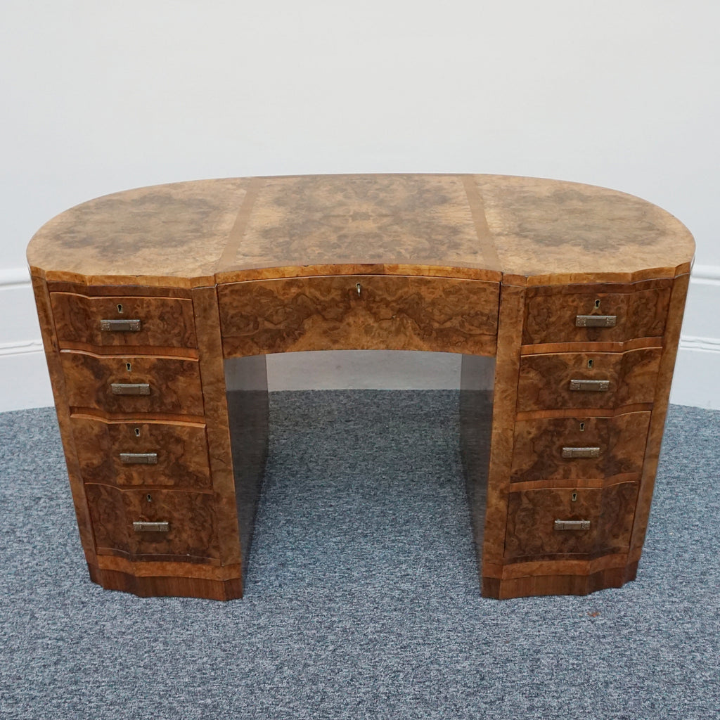 English Art Deco Desk. Curved Desk, Burr walnut, circa 1935 - Jeroen Markies Art Deco