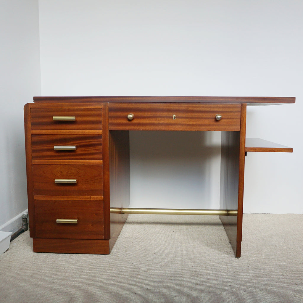 Art Deco Mahogany Desk with Original Brass Handles, 1930's. Flame mahogany - Jeroen Markies Art Deco