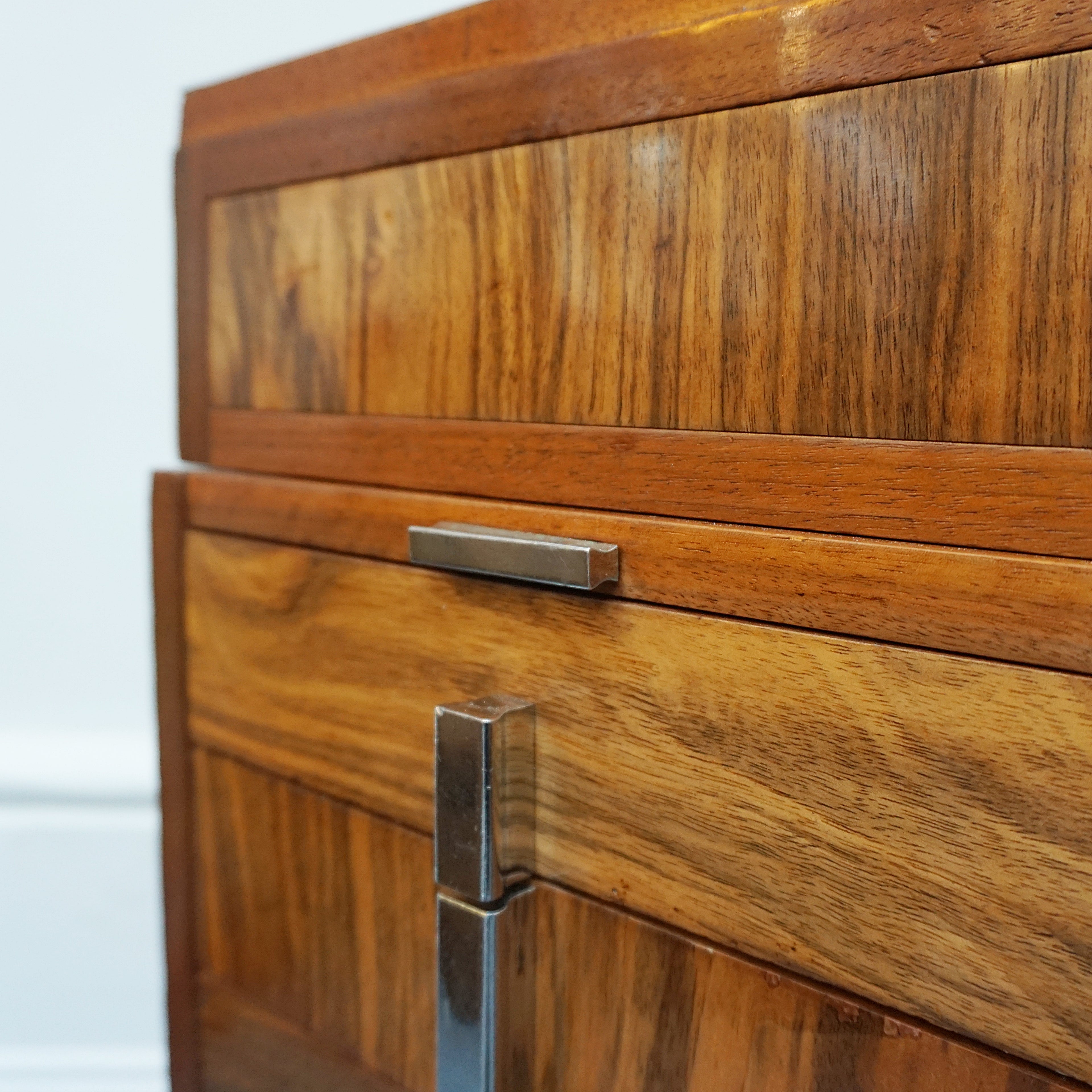 An Art Deco writing desk. Burr walnut with figured walnut banding and original chromed vertical handles. Art Deco Writing Desk. Ladies Desk. Classic, vintage desk- Jeroen Markies Art Deco 