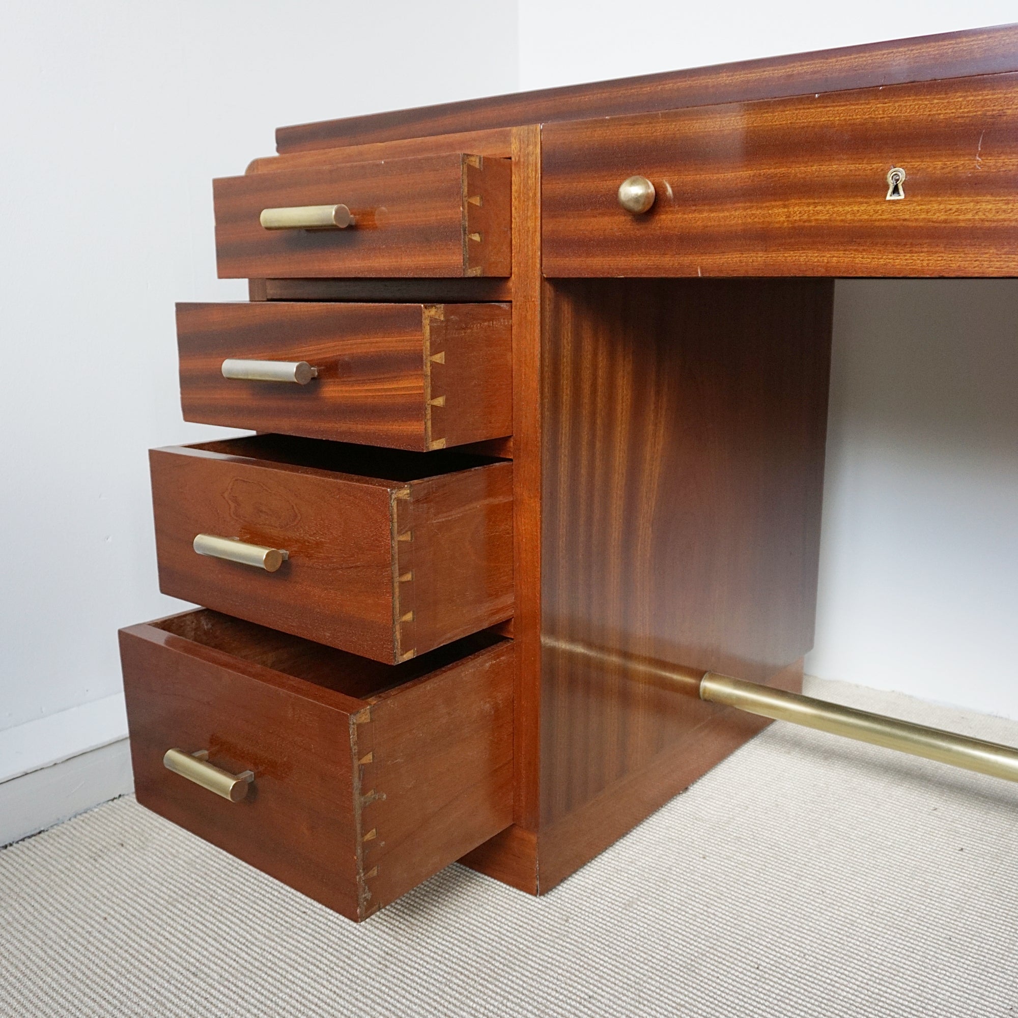 Art Deco Mahogany Desk with Original Brass Handles, 1930's. Flame mahogany - Jeroen Markies Art Deco