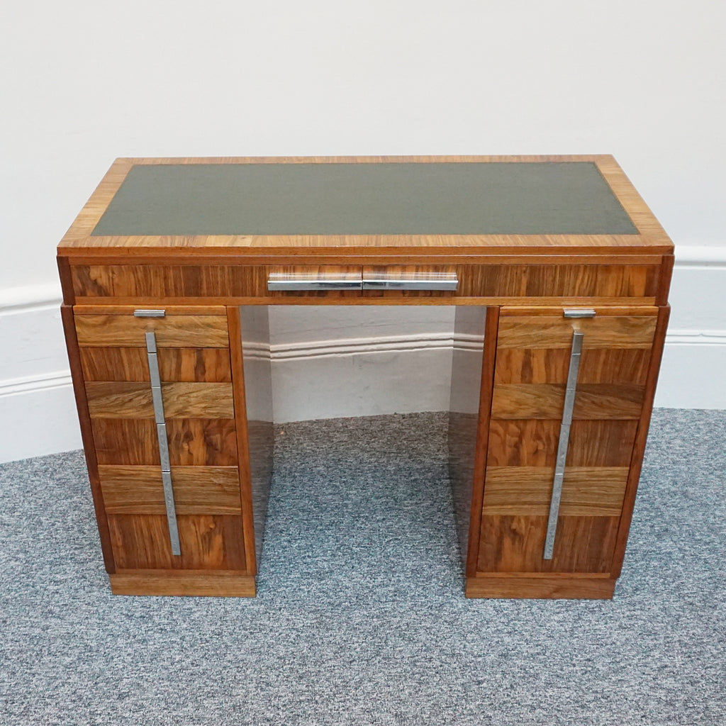 An Art Deco writing desk. Burr walnut with figured walnut banding and original chromed vertical handles. Art Deco Writing Desk. Ladies Desk. Classic, vintage desk- Jeroen Markies Art Deco 