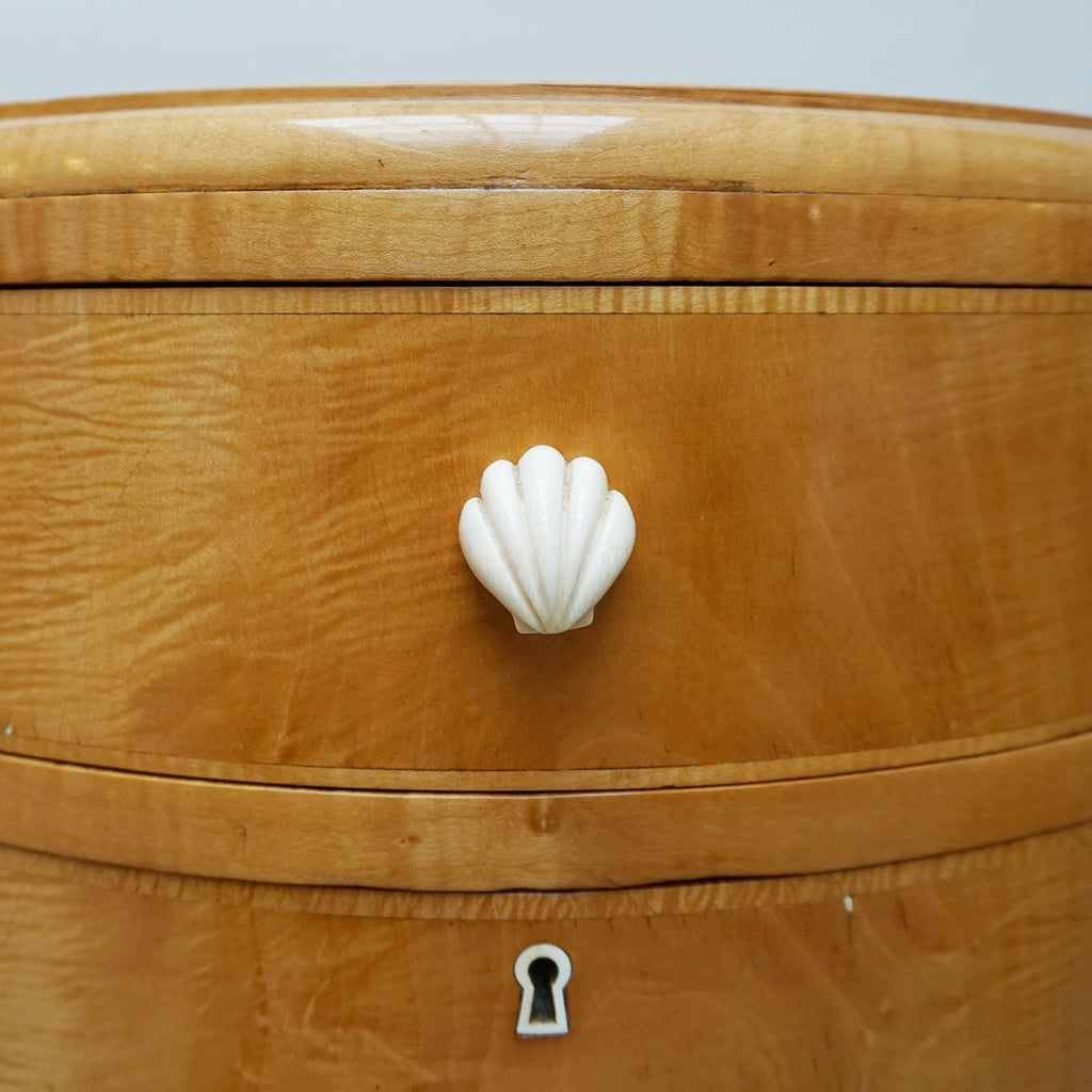 An Art Deco Desk by Betty Joel. Satin birch veneered with macassar ebony banding to base. Glass mirrored top with original ivory hand carved shell handles. 1930 dressing table, art deco desk - Jeroen Markies Art Deco