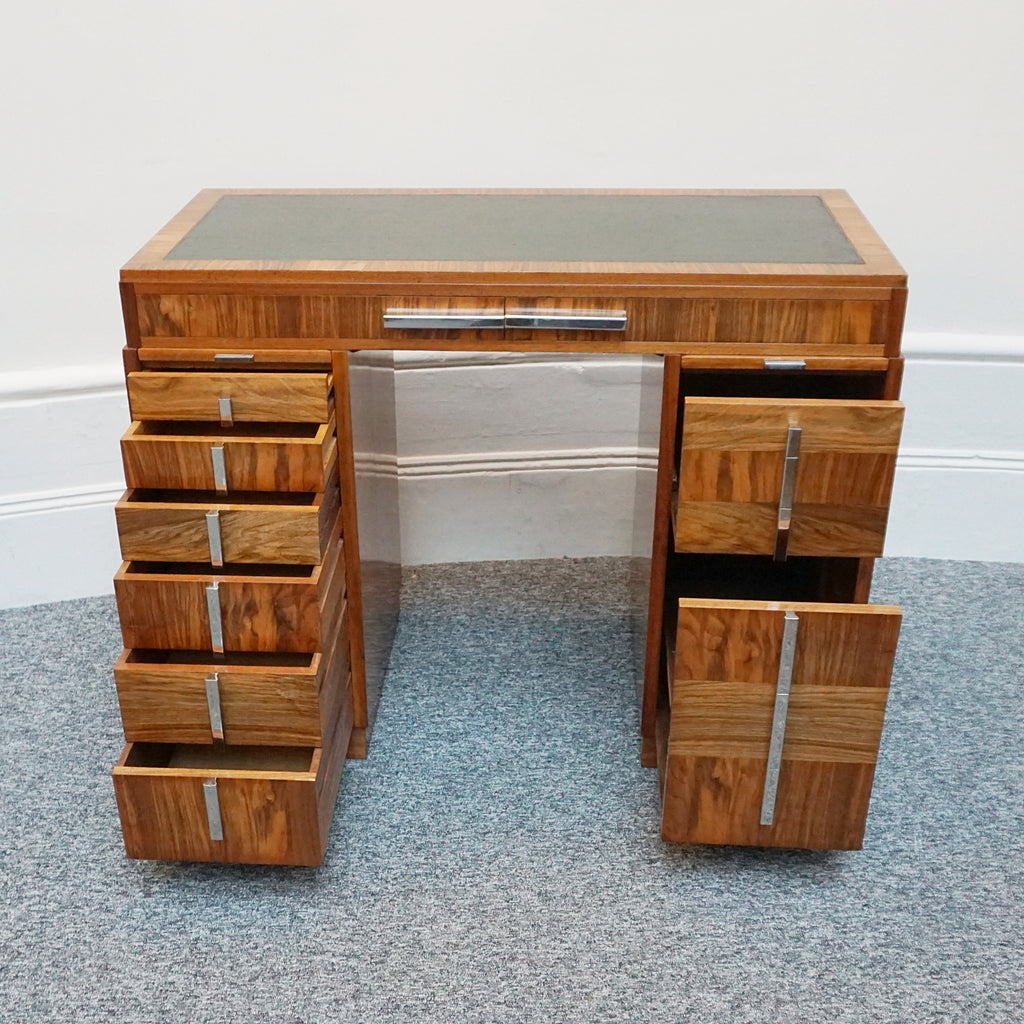 An Art Deco writing desk. Burr walnut with figured walnut banding and original chromed vertical handles. Art Deco Writing Desk. Ladies Desk. Classic, vintage desk- Jeroen Markies Art Deco 