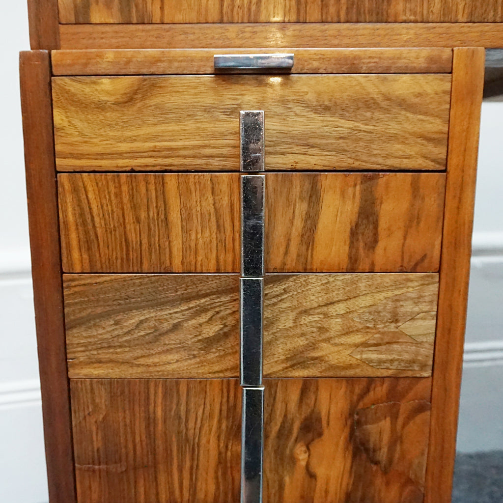 An Art Deco writing desk. Burr walnut with figured walnut banding and original chromed vertical handles. Art Deco Writing Desk. Ladies Desk. Classic, vintage desk- Jeroen Markies Art Deco 