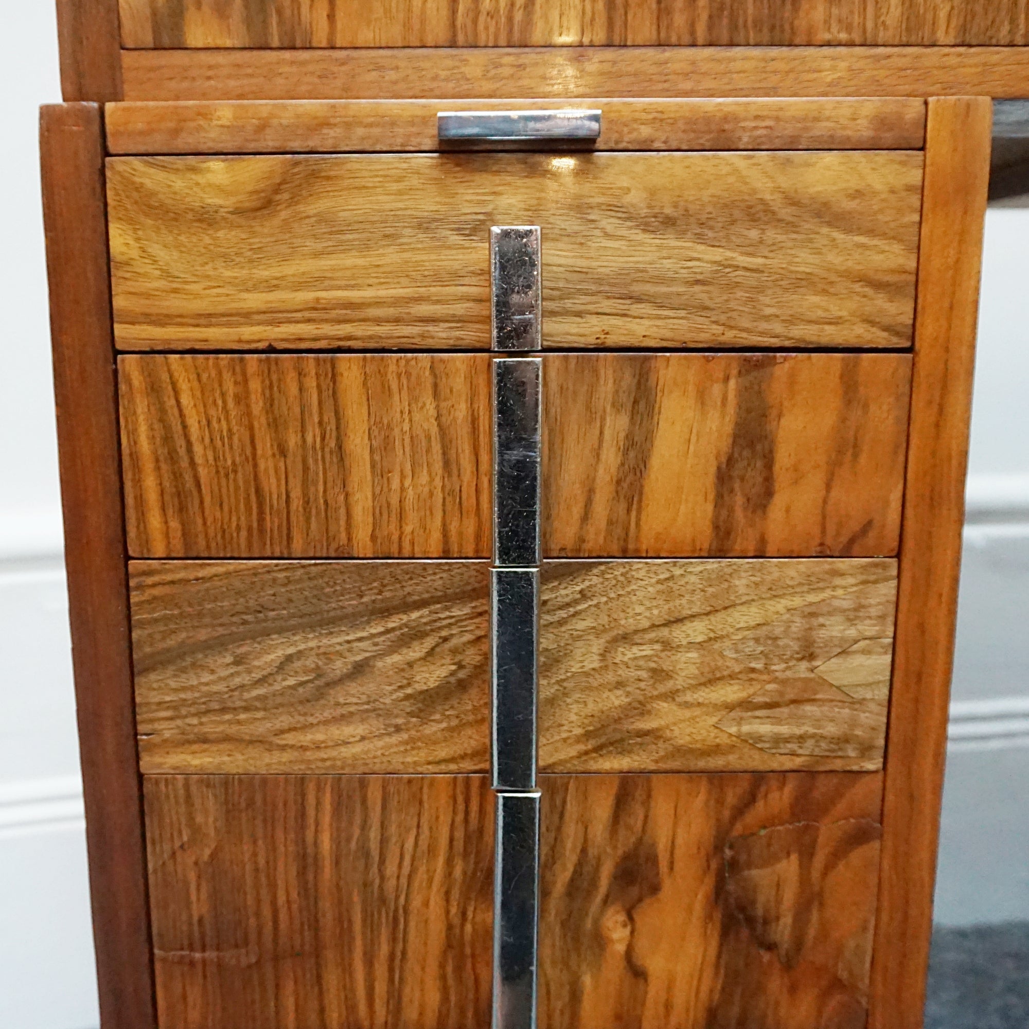 An Art Deco writing desk. Burr walnut with figured walnut banding and original chromed vertical handles. Art Deco Writing Desk. Ladies Desk. Classic, vintage desk- Jeroen Markies Art Deco 