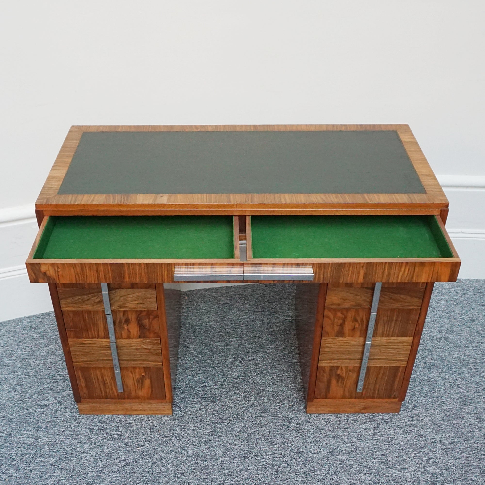 An Art Deco writing desk. Burr walnut with figured walnut banding and original chromed vertical handles. Art Deco Writing Desk. Ladies Desk. Classic, vintage desk- Jeroen Markies Art Deco 