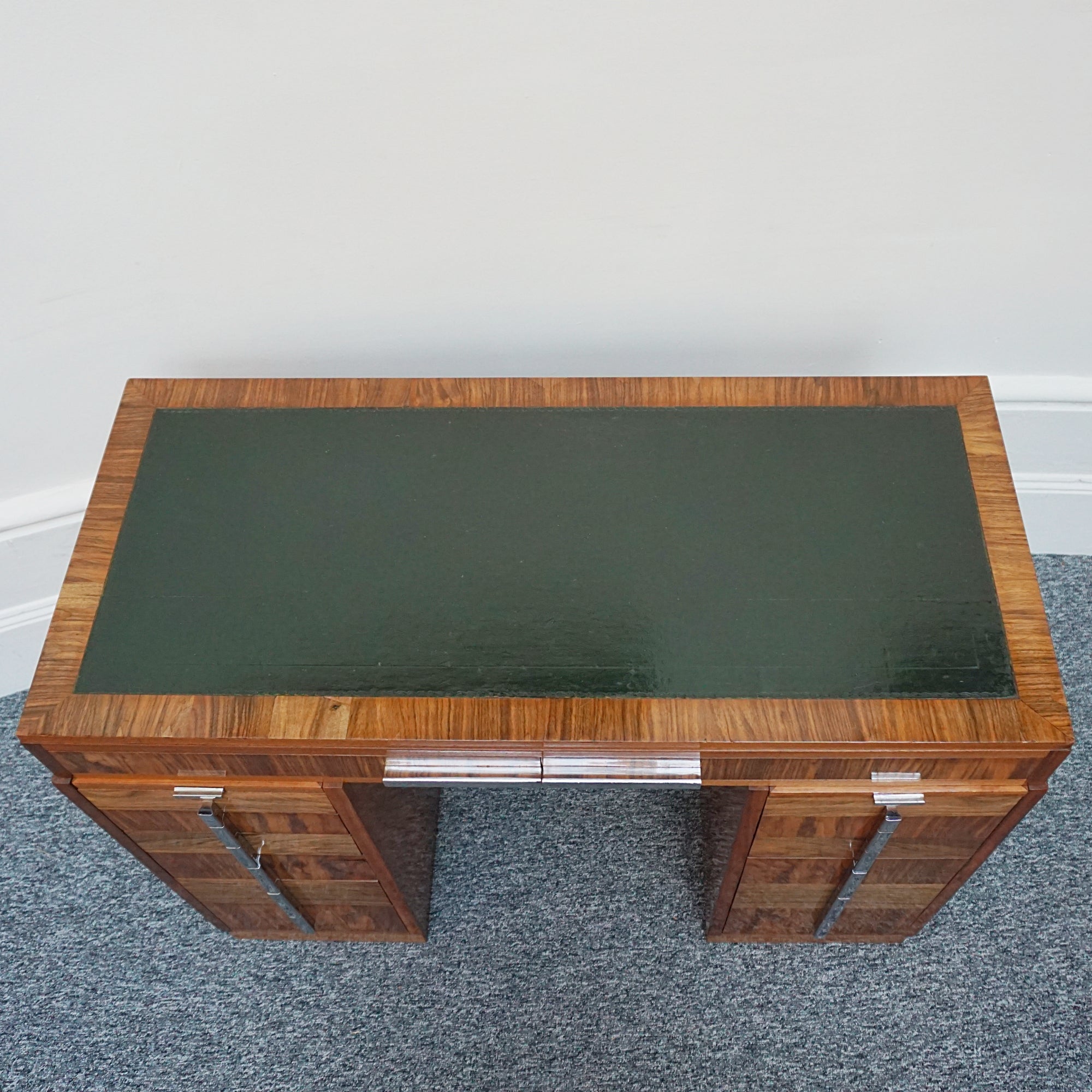 An Art Deco writing desk. Burr walnut with figured walnut banding and original chromed vertical handles. Art Deco Writing Desk. Ladies Desk. Classic, vintage desk- Jeroen Markies Art Deco 