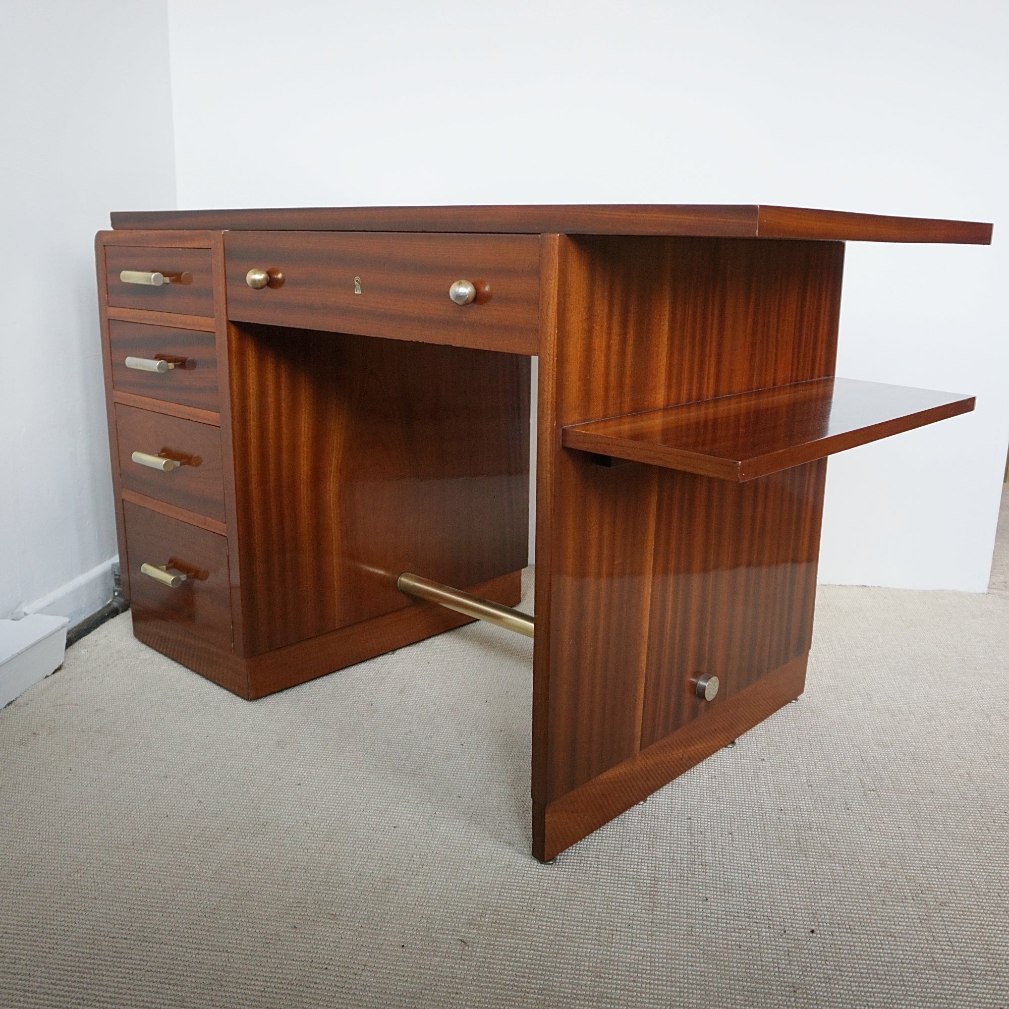 Art Deco Mahogany Desk with Original Brass Handles, 1930's. Flame mahogany - Jeroen Markies Art Deco