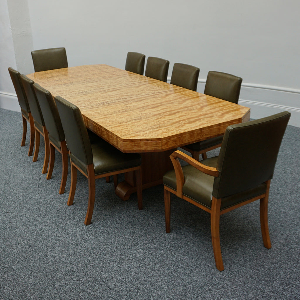 Vintage Art Deco Ten Seater Waring & Gillow Satinwood and Green Leather Dining Suite - Art Deco Dining Table and Ten Chairs - Jeroen Markies Art Deco