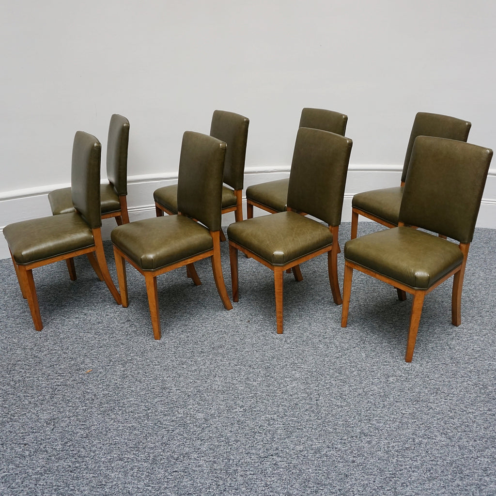 Vintage Art Deco Ten Seater Waring & Gillow Satinwood and Green Leather Dining Suite - Art Deco Dining Table and Ten Chairs - Jeroen Markies Art Deco