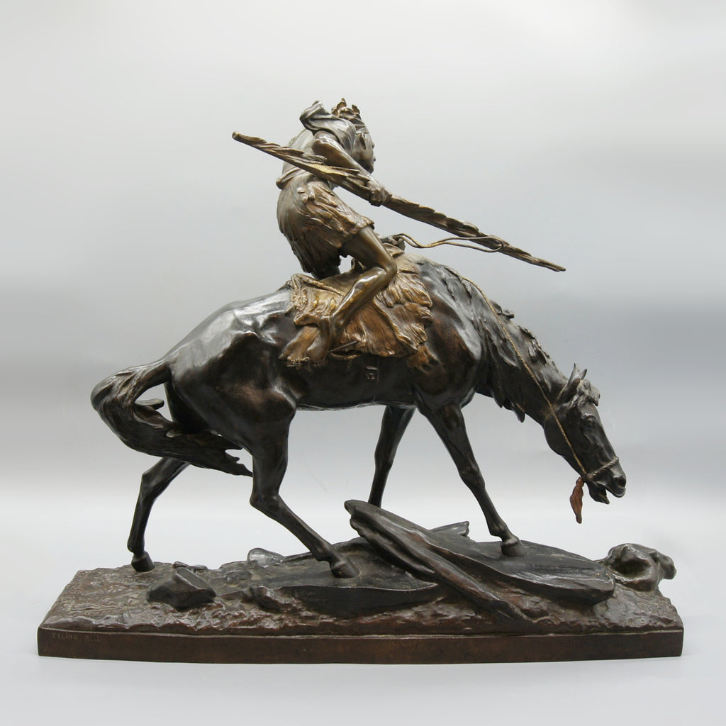 Patinated Bronze Sculpture by Edouard Drouot Depicting a Native American on Horseback - Markies Antiques Ltd