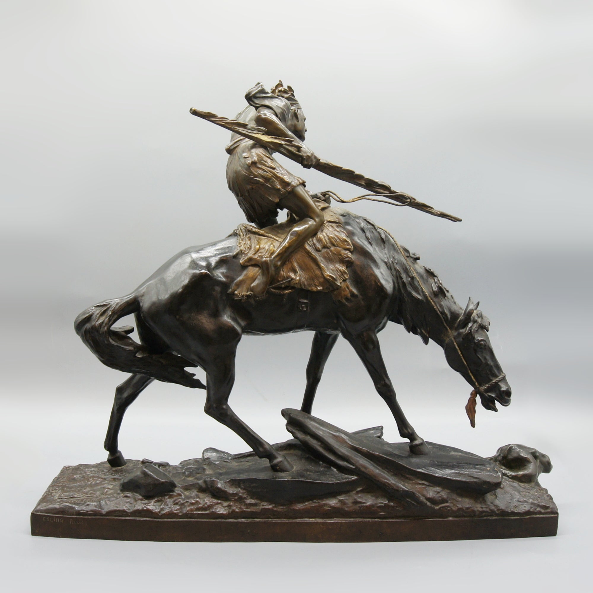 Patinated Bronze Sculpture by Edouard Drouot Depicting a Native American on Horseback - Markies Antiques Ltd