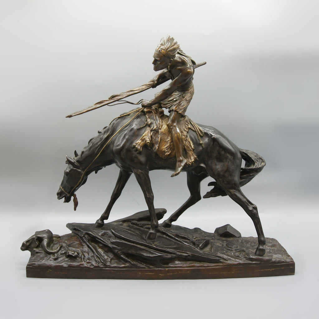 Patinated Bronze Sculpture by Edouard Drouot Depicting a Native American on Horseback - Markies Antiques Ltd